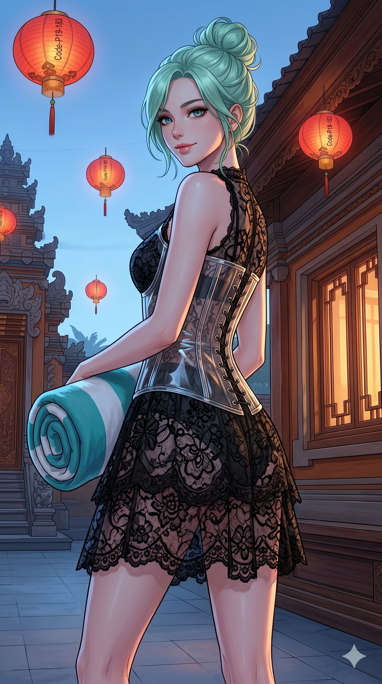 score_9, masterpiece, best quality, ultra-detailed, high-budget anime keyframe, editorial fashion photography, tasteful artistic composition, Japanese woman. cowboy shot from the thighs up, character and outfit filling the frame for maximum editorial presence. holding a beach towel, looking over her shoulder with a magnetic smile in a resort courtyard temple with floating decorative red lanterns (Code-P19-183). She has an absolutely perfect 8-heads proportion, an exceptionally tall and slender female figure with impossibly long slender legs and an ultra-slim waist. V-shaped jawline, high-bridge nose, intricate jewel-like eyes with depth, thick eyelashes, glossy lips with a natural sheen. wearing a transparent PVC corset over a black lace dress. soft blue twilight glow mixed with warm window light, tracing her jawline and nose. 2k, ultra detail, master piece, 9:16 ratio
