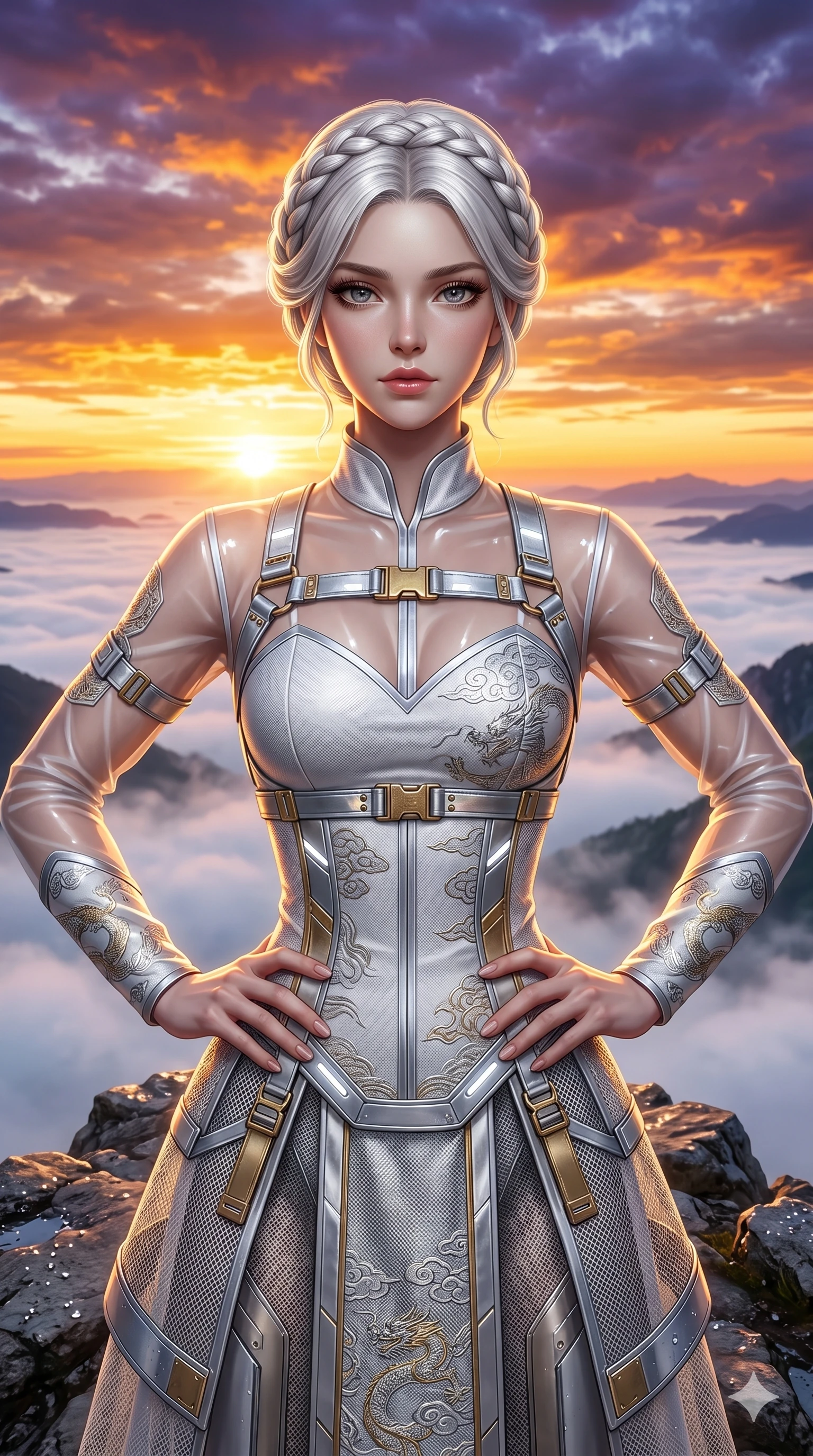 score_9, masterpiece, best quality, ultra-detailed, Set A: Photorealistic 8k CG, Japanese woman. Upper body close-up from the thighs up, character filling the screen for maximum presence. Standing on a mountain peak as the sun rises. She has an absolutely perfect 8-heads proportion, an exceptionally tall and slender female figure with an ultra-slim waist and epic stance. Sharp v-shaped jawline, high-bridge nose, intricate jewel-like eyes with depth, thick eyelashes, glossy lips. Wearing a Modern Traditional outfit: tech-hanbok with transparent panels and metallic straps. Background is a bright and colorful sky with orange and gold clouds and a vast valley of white mist. 2k, ultra detail, master piece, 9:16 ratio