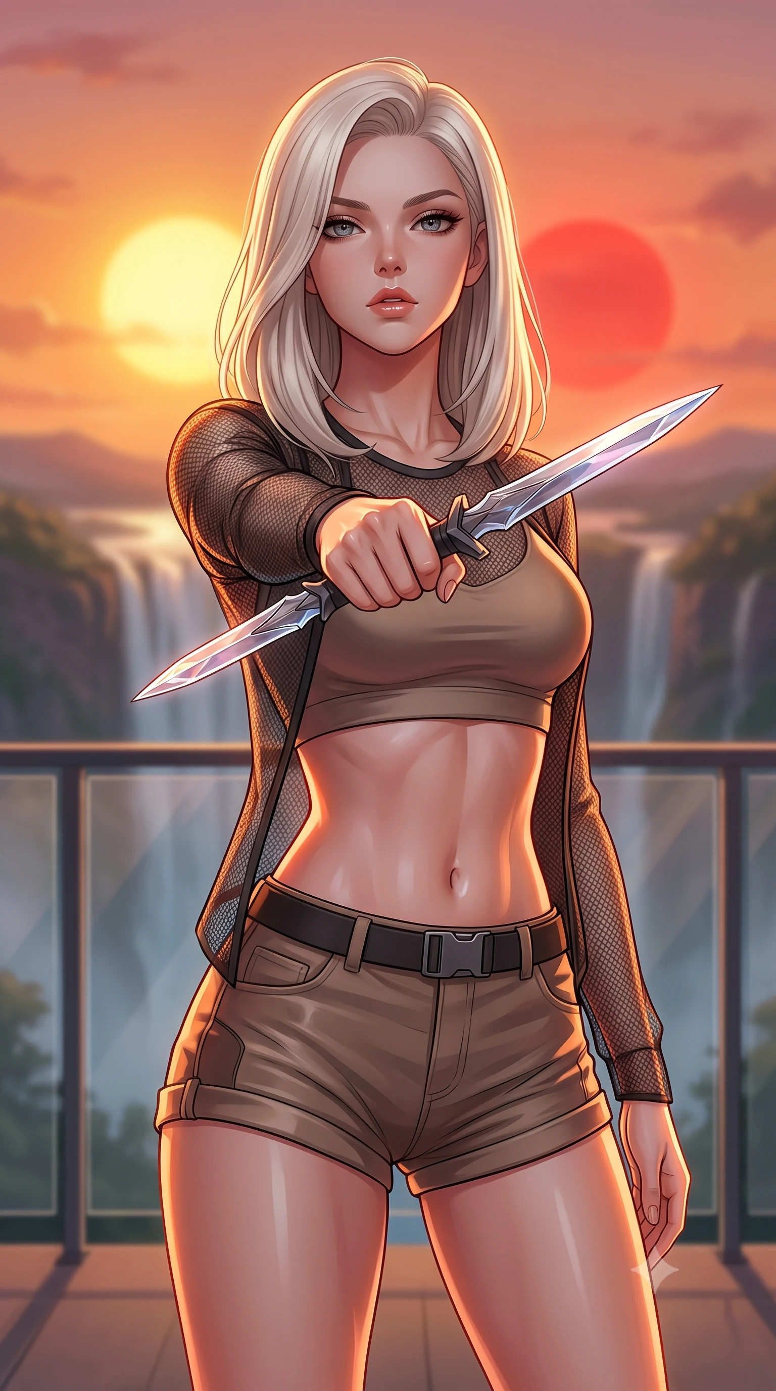 score_9, masterpiece, best quality, ultra-detailed, high-budget anime keyframe, editorial fashion photography, tasteful artistic composition, Caucasian woman. close-up cowboy shot from the waist and thighs up, the character dominates the composition, filling the frame with her large presence, background elements kept in soft focus. pointing a crystal-edged laser dagger forward in a defensive stance, tilting her chin up slightly with lips parted in a composed pose, the background shows a soft-focus a waterfall valley balcony with glass railings facing a binary star sunset. She has an exceptionally elegant, slender, and willowy female figure with an ultra-slim waist, a gracefully sculpted slender torso, and a refined silhouette. sharp v-shaped jawline, high-bridge nose, intricate jewel-like eyes with depth, thick eyelashes, glossy lips with a natural sheen. wearing a body-hugging lightweight carbon-mesh cover-up shirt worn open over a crop top and high-cut combat shorts. warm sunset light casting a peaceful, cozy orange wash on her figure. highly saturated vibrant anime colors, detailed shading with soft gradients, rich glossy textures, high-contrast stereoscopic depth, volumetric dynamic lighting, master piece, 9:16 ratio