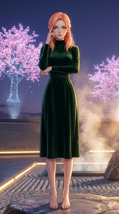 score_9, masterpiece, best quality, ultra-detailed, high-budget anime keyframe, editorial fashion photography, tasteful artistic composition, Japanese woman. low angle full-body shot from head to toe showing her feet, filling the entire 9:16 vertical