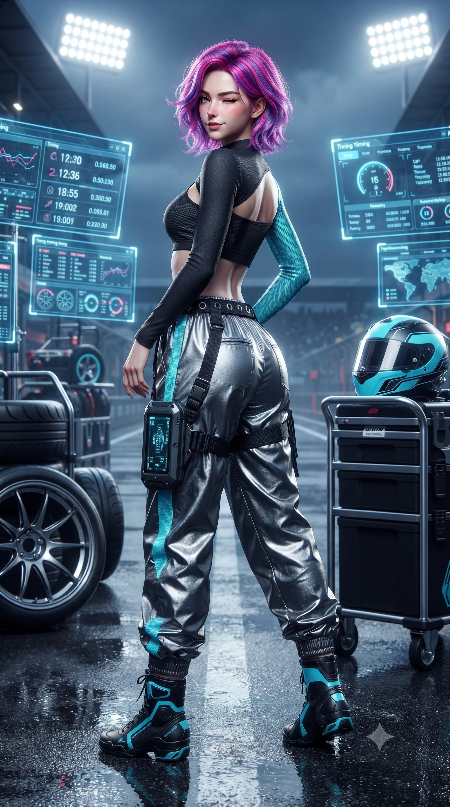 score_9, masterpiece, best quality, ultra-detailed, high-budget anime keyframe, editorial fashion photography, tasteful artistic composition, Caucasian woman. low angle full-body shot from head to toe showing her feet, filling the entire 9:16 vertical frame with her statuesque presence, stretching her vertical silhouette. executing an elegant mid-motion turn as garments swirl around her slender limbs, glancing over her shoulder with smoldering allure while pivoting sharply with supermodel momentum on the wet tarmac, a playful wink breaking across her radiant face. The surrounding environment is rendered in vivid detail and crisp panoramic clarity. detailed holographic timing displays, alloy wheel spokes, and high-tech racing helmet in high clarity. She has an absolutely perfect, statuesque 8.5-heads proportion, an exceptionally tall and slender model-like female figure with impossibly long slender legs, a toned flat midriff, and an ultra-slim waist. sharp v-shaped jawline, high-bridge nose, intricate jewel-like eyes with depth, thick eyelashes, glossy parted lips with a natural sheen, intensely captivating and seductive expression, flawlessly proportioned anatomical accuracy, strict slender model proportions, natural body alignment, perfectly sculpted long slender limbs, ultra-slim waistline, clean dynamic posture without body distortion. wearing an asymmetric single-sleeve moto crop top paired with baggy metallic parachute trousers and grommet belt in carbon matte black and neon electric cyan, made of breathable technical athletic mesh and liquid-finish track nylon, equipped with a sleek thigh-mounted telemetry display and tactical harness, the precision-cut daring openings accentuating her delicate midriff, graceful bare collarbones, and ultra-slim feminine waistline. illuminated by crisp directional rim lighting sharply defining her razor-sharp jawline and feminine curves. ultra-reflective glossy finish, specular highlights, rich textural contrasts, high-contrast stereoscopic depth, volumetric dynamic lighting, 2k, ultra detail, master piece, 9:16 ratio