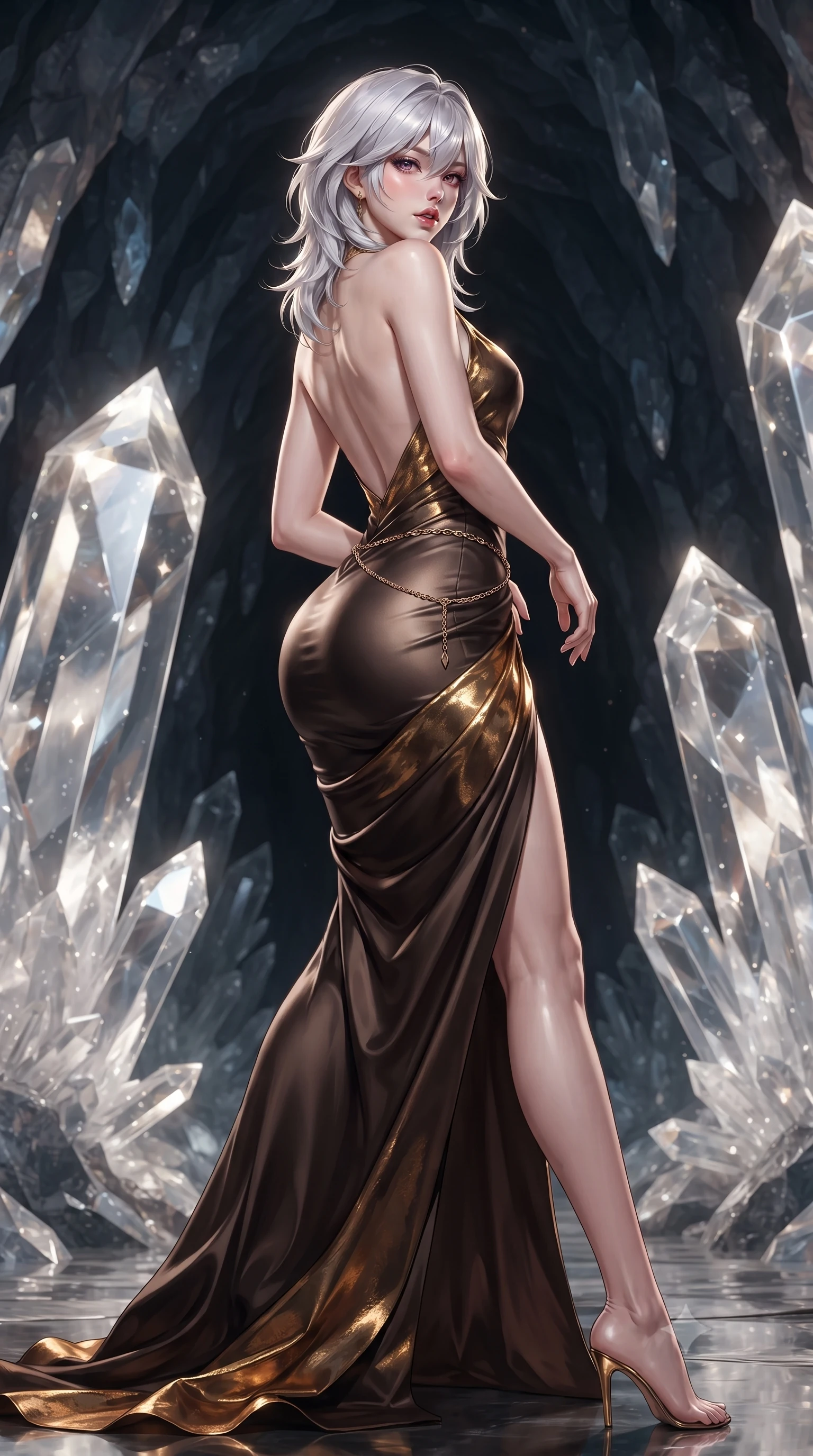 score_9, masterpiece, best quality, ultra-detailed, high-budget anime keyframe, editorial fashion photography, tasteful artistic composition, Japanese woman. low angle full-body shot from head to toe showing her feet, filling the entire 9:16 vertical frame with her statuesque presence, stretching her vertical silhouette. striding forward in a proud supermodel runway stride, hips swaying in an alluring kinetic rhythm that accentuates her curvy hourglass silhouette while twisting her slender torso in an alluring contrapposto stance beside a giant crystal monolith, turning to look back over a bare shoulder with parted glossy lips. The surrounding environment is rendered in vivid detail and crisp panoramic clarity. detailed liquid-tight fabric sheen, crystal specular reflections on skin, and underground cave clarity in high resolution. She has an exceptionally tall and slender model-like 8.5-heads proportion, an ultra-slim waist, a flat toned midriff, narrow delicate ribcage, and beautifully sculpted feminine hips creating a graceful, slim hourglass silhouette without any bulky heaviness, with impossibly long slender legs. sharp v-shaped jawline, high-bridge nose, intricate jewel-like eyes with depth, thick eyelashes, glossy parted lips with a natural sheen, intensely captivating and seductive bedroom-eyes expression, flawlessly proportioned anatomical accuracy, strict slender model proportions, natural body alignment, perfectly sculpted long slender limbs, ultra-slim waistline, clean dynamic posture without body distortion. wearing an open-back duchess satin gala gown with a dramatic hip-hugging drape and cascading trailing hem in dark espresso brown and molten gold foil, made of fluid silk crepe with delicate inner corsetry boning, accented with a delicate gold chain belt resting loosely on her curvy hips, the form-contouring material adhering flawlessly to her sculpted flat midriff and slender torso, emphasizing her long leg lines and perfectly proportioned willowy build. illuminated by dazzling crystal facet reflections sharply defining her sculpted collarbones, ultra-slim waist, and curvy hips. ultra-reflective glossy finish, specular highlights, rich textural contrasts, high-contrast stereoscopic depth, volumetric dynamic lighting, 2k, ultra detail, master piece, 9:16 ratio