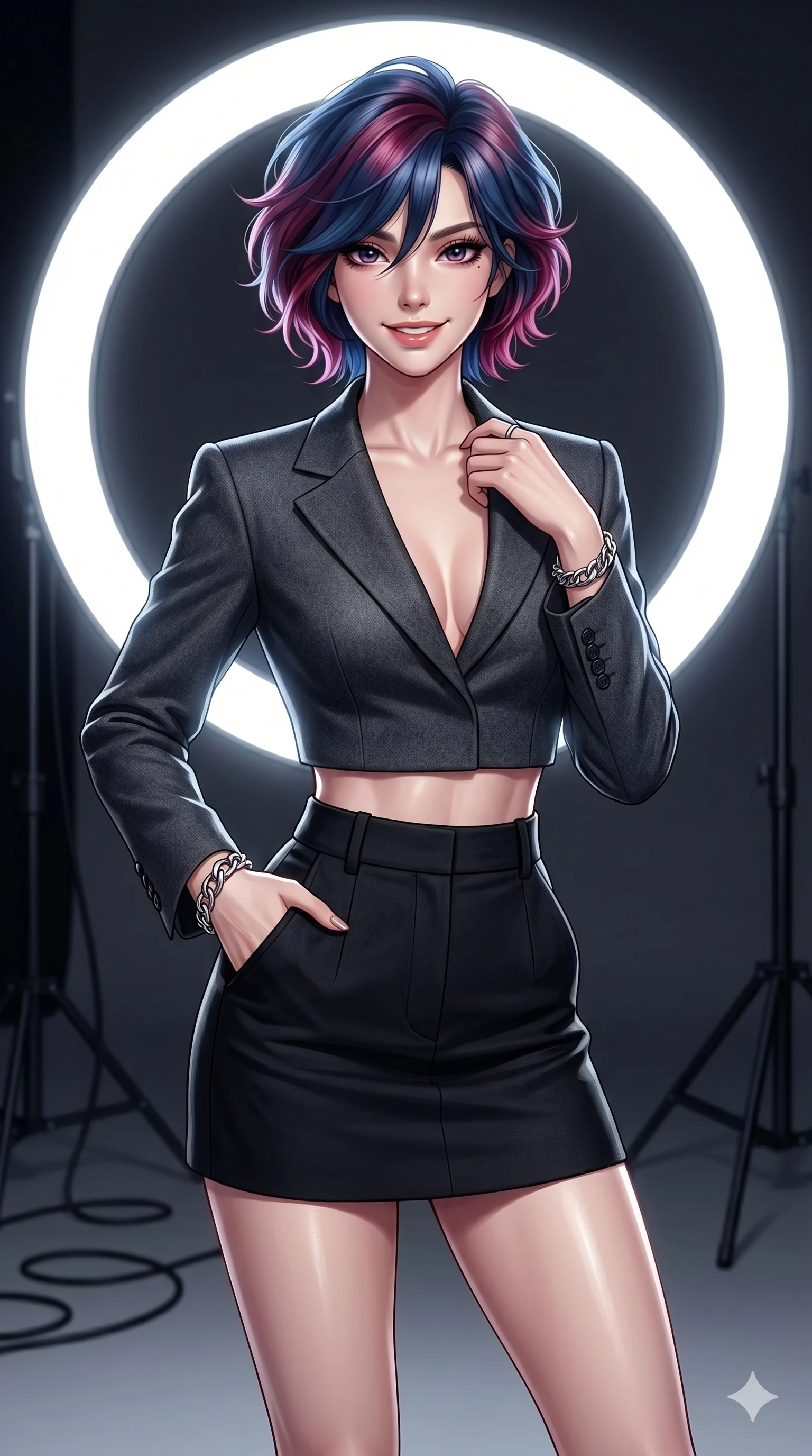 score_9, masterpiece, best quality, ultra-detailed, high-budget anime keyframe, editorial fashion photography, tasteful artistic composition, Korean woman. cowboy shot from the thighs up, character and outfit filling the frame for maximum editorial presence. posing with quiet magnetic self-assurance, looking directly into the lens with a confident grin in a professional photo studio with a giant circular ring light (Code-P16-091). She has an absolutely perfect 8-heads proportion, an exceptionally tall and slender female figure with impossibly long slender legs and an ultra-slim waist. V-shaped jawline, high-bridge nose, intricate jewel-like eyes with depth, thick eyelashes, glossy lips with a natural sheen. wearing a structured crop blazer with nothing underneath, paired with a high-waisted micro-skirt. bright cinematic key light tracing the sleek contours of her athletic figure. 2k, ultra detail, master piece, 9:16 ratio
