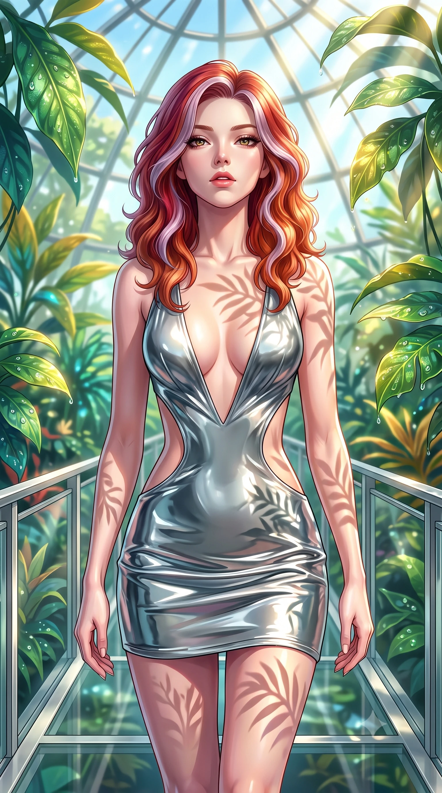 score_9, masterpiece, best quality, ultra-detailed, high-budget anime keyframe, editorial fashion photography, tasteful artistic composition, Caucasian woman. close-up cowboy shot from the waist and thighs up, the character dominates the composition, filling the frame with her large presence, background elements kept in soft focus. Tilting her chin up slightly with lips parted in a magnetic, composed expression walking along a platinum-framed glass walkway in a sunlit botanical dome, dewdrops on bioluminescent leaves reflecting vibrant emerald and gold. She has an exceptionally elegant, slender, and willowy female figure with an ultra-slim waist, a gracefully sculpted slender torso, and a refined silhouette. sharp v-shaped jawline, high-bridge nose, intricate jewel-like eyes with depth, thick eyelashes, glossy lips with a natural sheen. wearing a liquid mercury gloss mini dress with ultra-deep plunging V-neck and dramatic waist cutouts, the tailored fabric tightly following every curve of her athletic build. illuminated by brilliant sunbeams casting organic leaf stencil shadows. highly saturated vibrant anime colors, detailed shading with soft gradients, rich glossy textures, high-contrast stereoscopic depth, volumetric dynamic lighting, master piece, 9:16 ratio