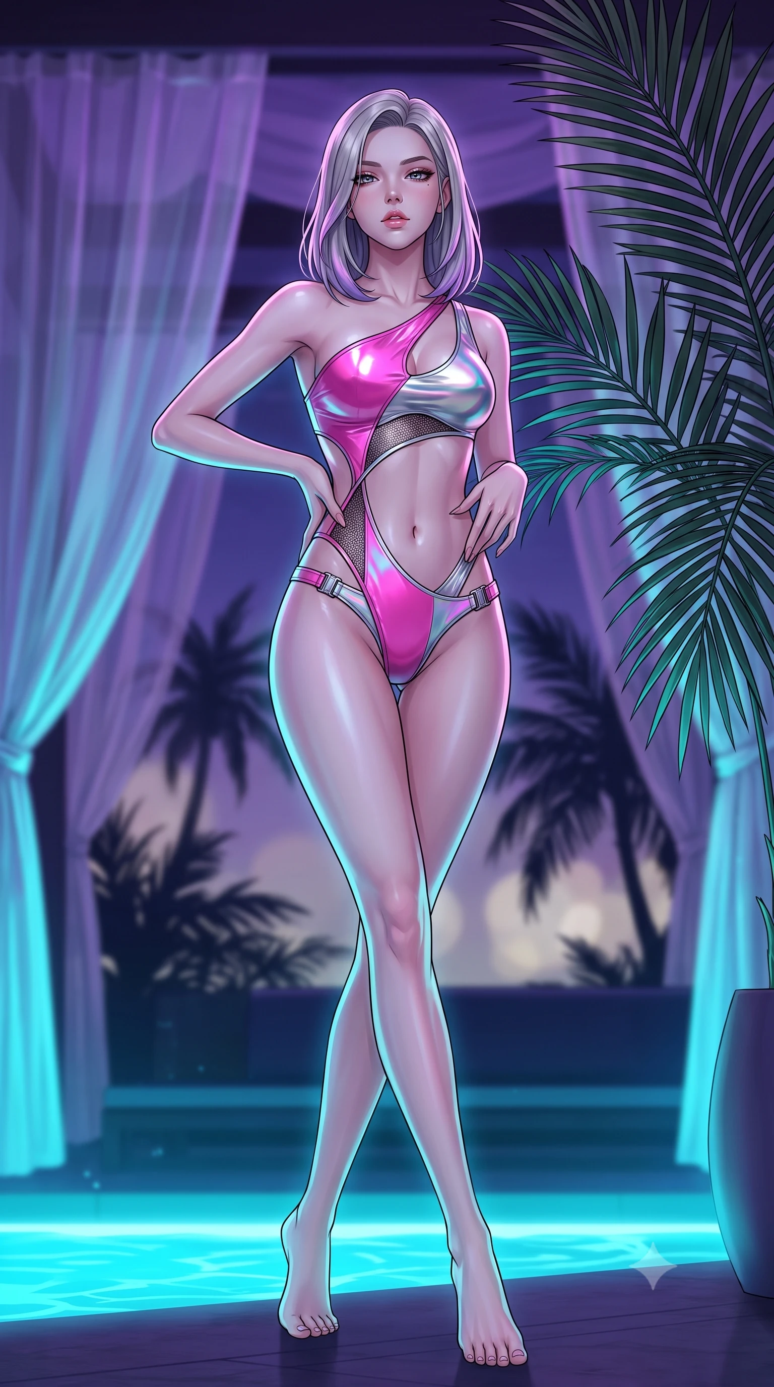 score_9, masterpiece, best quality, ultra-detailed, high-budget anime keyframe, semi-realistic 3D game render, editorial fashion photography, tasteful artistic composition, Caucasian woman. low angle full-body shot from head to toe showing her feet, filling the entire 9:16 vertical frame with her statuesque presence, stretching her vertical silhouette. striding forward in a proud supermodel runway stride, hips swaying in an alluring kinetic rhythm that accentuates her curvy hourglass silhouette while posing beside towering poolside palm fronds, hips dramatically thrust to one side with hands running along her waist in pure allure. The composition keeps background elements in soft focus with creamy bokeh. sheer cabana drapes and tropical palm silhouettes softened in moody shallow focus. She has an absolutely perfect, statuesque 8.5-heads proportion, an exceptionally tall and slender model-like female figure with impossibly long slender legs, a toned flat midriff, an ultra-slim waist, and beautifully sculpted feminine hips. sharp v-shaped jawline, high-bridge nose, intricate jewel-like eyes with depth, thick eyelashes, glossy parted lips with a natural sheen, intensely captivating and seductive bedroom-eyes expression, flawlessly proportioned anatomical accuracy, strict slender model proportions, natural body alignment, perfectly sculpted long slender limbs, ultra-slim waistline, clean dynamic posture without body distortion. wearing an asymmetrical one-shoulder cut-out swimsuit with holographic side panels and hip straps in bright cyber pink and chrome silver, crafted from high-gloss metallic ripstop nylon and flexible carbon mesh, finished with an ultra-high-cut leg opening secured by quick-release titanium buckles, the dramatically scooped open back descending to the base of her spine, accentuating her razor-sharp statuesque lines and curvy hourglass silhouette. bathed in glowing underwater cyan LED illumination and ambient violet neon cabana downlights. highly saturated vibrant anime colors, detailed shading with soft gradients, rich glossy textures, high-contrast stereoscopic depth, volumetric dynamic lighting, master piece, 9:16 ratio