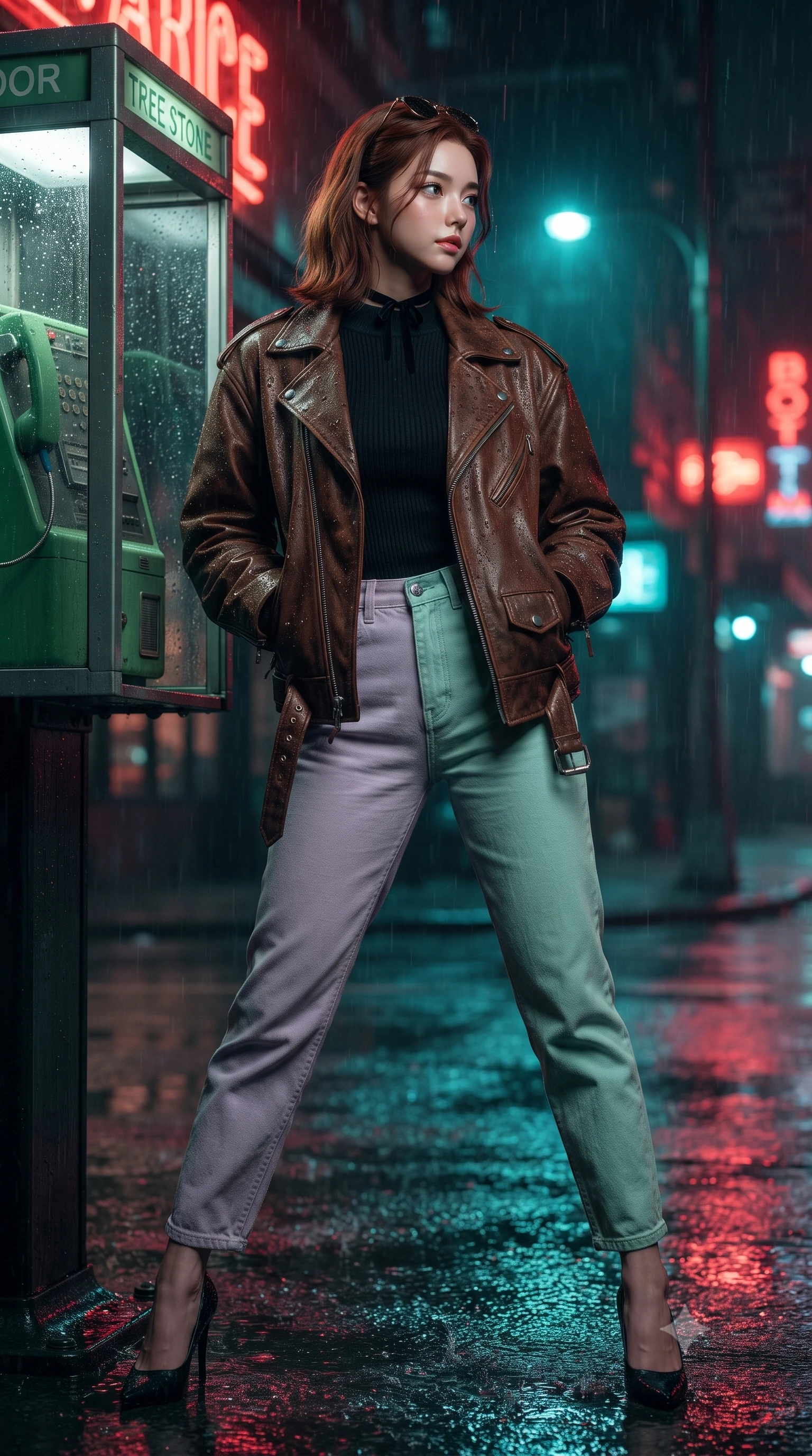 score_9, masterpiece, best quality, ultra-detailed, high-budget anime keyframe, editorial fashion photography, tasteful artistic composition, Korean woman. low angle full-body shot from head to toe showing her feet, filling the entire 9:16 vertical frame with her statuesque presence, stretching her vertical silhouette. landing lightly on the balls of her feet in a balanced kinetic stance, eyes locked onto the camera with fearless allure while leaning against a vintage green telephone booth with hands in her jacket pockets, looking back over her shoulder. The surrounding environment is rendered in vivid detail and crisp panoramic clarity. crisp neon tube lettering, distinct raindrop beads on leather jacket, and wet asphalt textures in deep focus. She has an absolutely perfect, statuesque 8.5-heads proportion, an exceptionally tall and slender model-like female figure with impossibly long slender legs, a toned flat midriff, and an ultra-slim waist. sharp v-shaped jawline, high-bridge nose, intricate jewel-like eyes with depth, thick eyelashes, glossy lips with a natural sheen, captivating and magnetic expression, flawlessly proportioned anatomical accuracy, strict slender model proportions, natural body alignment, perfectly sculpted long slender limbs, ultra-slim waistline, clean dynamic posture without body distortion. wearing an iconic oversized vintage brown leather biker jacket worn over a snug ribbed turtleneck and high-rise mom jeans in pastel lilac and mint green, made of premium heavyweight washed denim and breathable cotton poplin, finished with a delicate black velvet ribbon choker and vintage sunglasses, the breezy yet form-flattering drape swaying gracefully with her steps, accentuating her long willowy limbs and slim waistline. bathed in rich neon red and cyan streetlamp glow bouncing off wet asphalt surfaces. ultra-reflective glossy finish, specular highlights, rich textural contrasts, high-contrast stereoscopic depth, volumetric dynamic lighting, 2k, ultra detail, master piece, 9:16 ratio