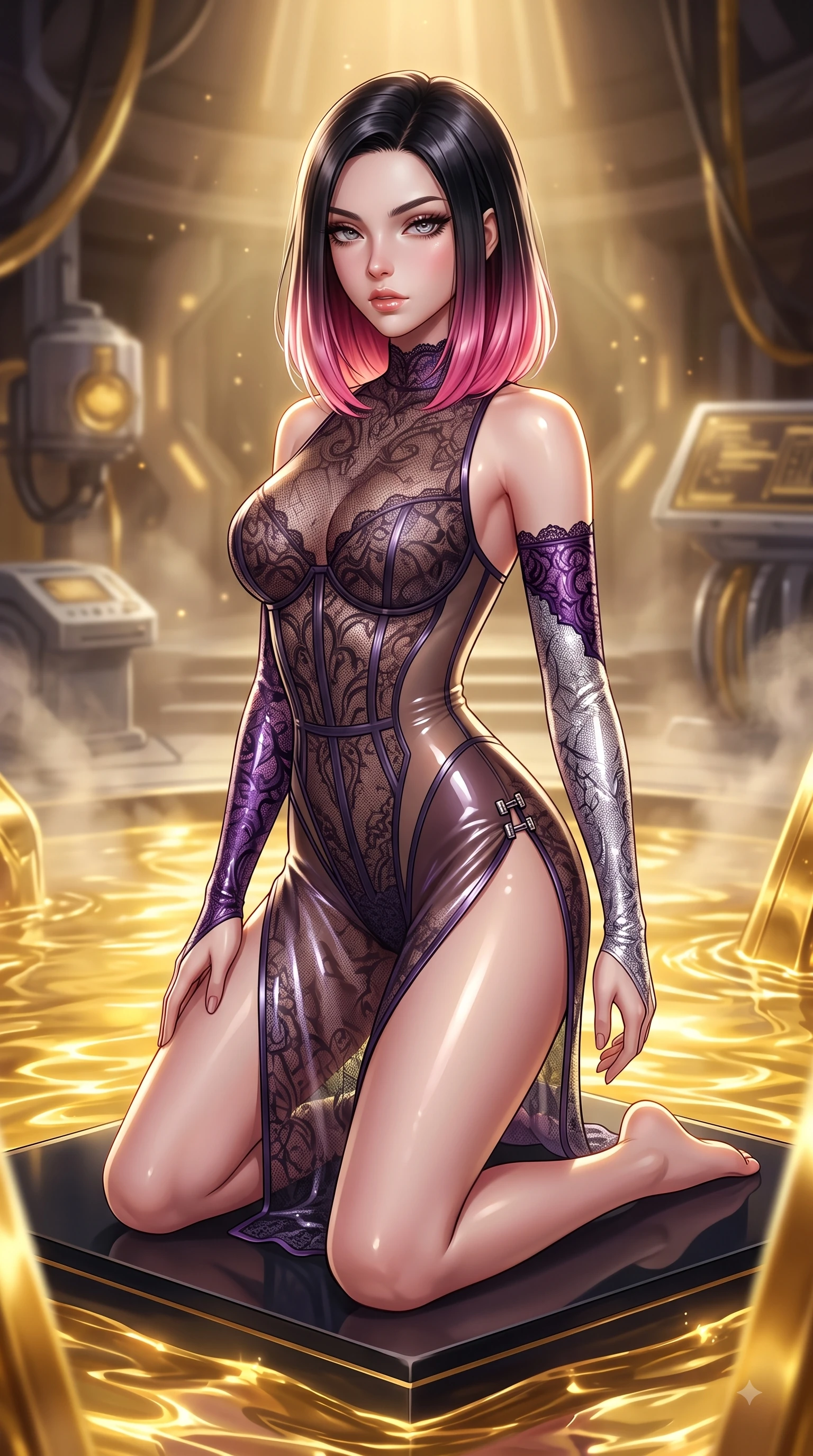 score_9, masterpiece, best quality, ultra-detailed, high-budget anime keyframe, semi-realistic 3D game render, editorial fashion photography, tasteful artistic composition, Korean woman. close-up cowboy shot from the waist and thighs up, the character dominates the composition, filling the frame with her large presence. casting a slow, smoldering gaze beneath heavy lashes with parted glossy lips, her head slightly tilted in captivating self-assurance while kneeling gracefully on a floating obsidian dais inside a subterranean tech-sanctuary with glowing liquid gold rippling around her. The composition keeps background elements in soft focus with creamy bokeh. golden caustics and steam vapors scattering into a dreamy warm backdrop. She has an exceptionally elegant, slender, and willowy female figure with an ultra-slim waist, a gracefully sculpted slender torso, and a refined silhouette. sharp v-shaped jawline, high-bridge nose, intricate jewel-like eyes with depth, thick eyelashes, glossy lips with a natural sheen, flawlessly proportioned anatomical accuracy, natural body alignment, perfectly sculpted elegant limbs, clean dynamic posture without body distortion. wearing a sheer dark lace pattern bodysuit with structured corsetry boning, sheer contouring side panels, and detached lace sleeves in dark amethyst purple and shimmering starlight silver, crafted from ultra-reflective second-skin latex with a glass-like polish, finished with an ultra-high side slit secured by miniature magnetic clasps, the sleek aerodynamic cut emphasizing her magnetic presence and alluring physical grace. bathed in shimmering gold reflections from the liquid pool and sharp directional key lights. highly saturated vibrant anime colors, detailed shading with soft gradients, rich glossy textures, high-contrast stereoscopic depth, volumetric dynamic lighting, master piece, 9:16 ratio