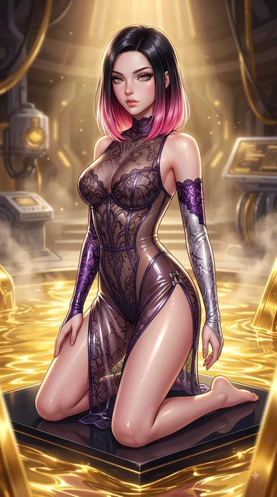 score_9, masterpiece, best quality, ultra-detailed, high-budget anime keyframe, semi-realistic 3D game render, editorial fashion photography, tasteful artistic composition, Korean woman. close-up cowboy shot from the waist and thighs up, the characte