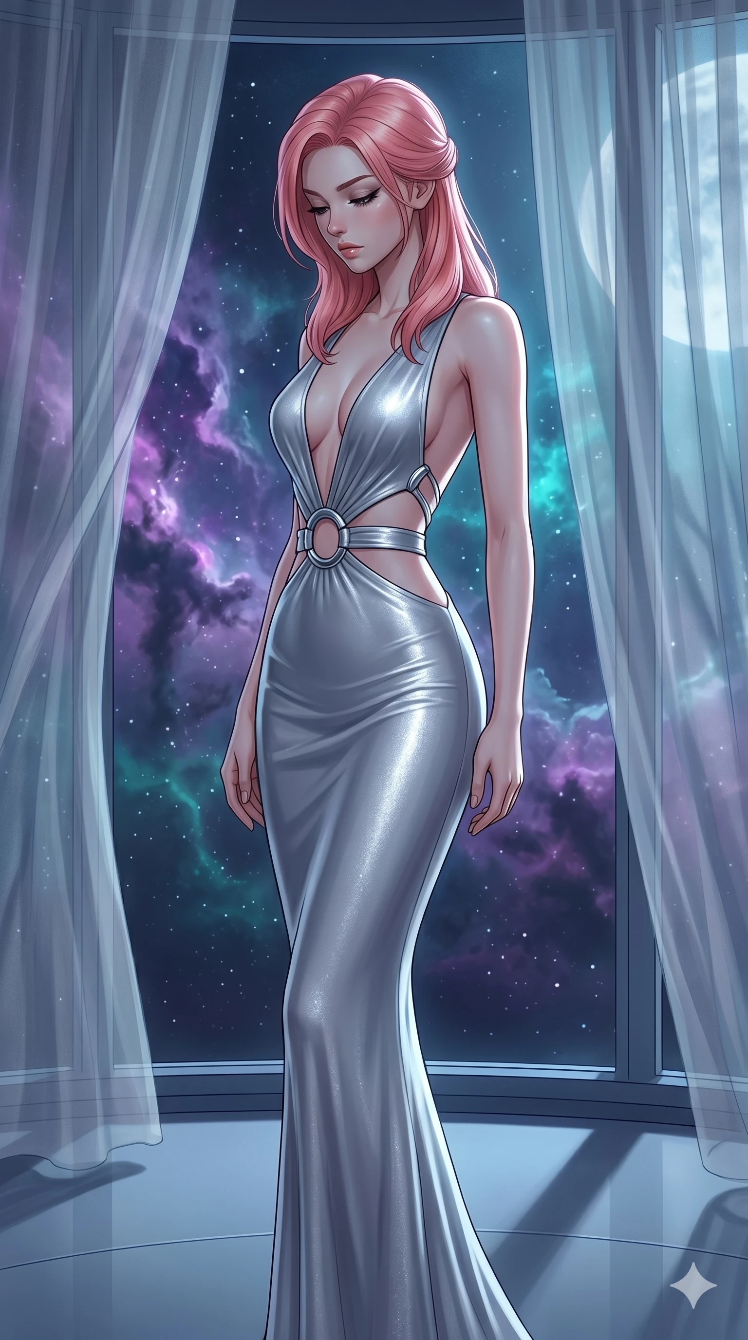 score_9, masterpiece, best quality, ultra-detailed, high-budget anime keyframe, editorial fashion photography, tasteful artistic composition, Japanese woman. cowboy shot from the thighs up, character and outfit filling the frame for maximum editorial presence. Looking down with lowered lashes and a composed, powerful expression inside a deep-space observatory with nebula clouds of violet and teal drifting past panoramic windows. She has an absolutely perfect 8-heads proportion, an exceptionally tall and slender female figure with impossibly long slender legs and an ultra-slim waist. V-shaped jawline, high-bridge nose, intricate jewel-like eyes with depth, thick eyelashes, glossy lips with a natural sheen. wearing a deep plunging-V neck maxi dress in liquid silver jersey with a bold open-back, an architectural waist cutout framed by chrome ring hardware, and a body-contouring fit all the way to the floor. bathed in cold silver moonlight filtered through translucent gossamer curtains casting soft shadows on her curves. 2k, ultra detail, master piece, 9:16 ratio