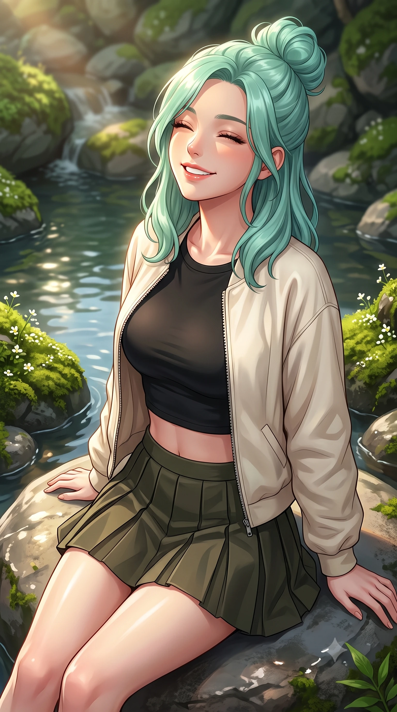 score_9, masterpiece, best quality, ultra-detailed, high-budget anime keyframe, editorial fashion photography, tasteful artistic composition, Japanese woman. close-up cowboy shot from the waist and thighs up, the character dominates the composition, filling the frame with her large presence, background elements kept in soft focus. smiling happily with closed eyes, enjoying the warm sunbeams on her face set against a soft-focus background of on a smooth stone next to a quiet forest creek pool surrounded by mossy rocks with small white wildflowers growing between the mossy river rocks. She has an exceptionally elegant, slender, and willowy female figure with an ultra-slim waist, a gracefully sculpted slender torso, and a refined silhouette. sharp v-shaped jawline, high-bridge nose, intricate jewel-like eyes with depth, thick eyelashes, glossy lips with a natural sheen. wearing slim-fit modern crop top shirt paired with a mini skirt and an unzipped light bomber jacket. soft afternoon sunlight reflecting off the wet rocks and water pool. highly saturated vibrant anime colors, detailed shading with soft gradients, rich glossy textures, high-contrast stereoscopic depth, volumetric dynamic lighting, master piece, 9:16 ratio