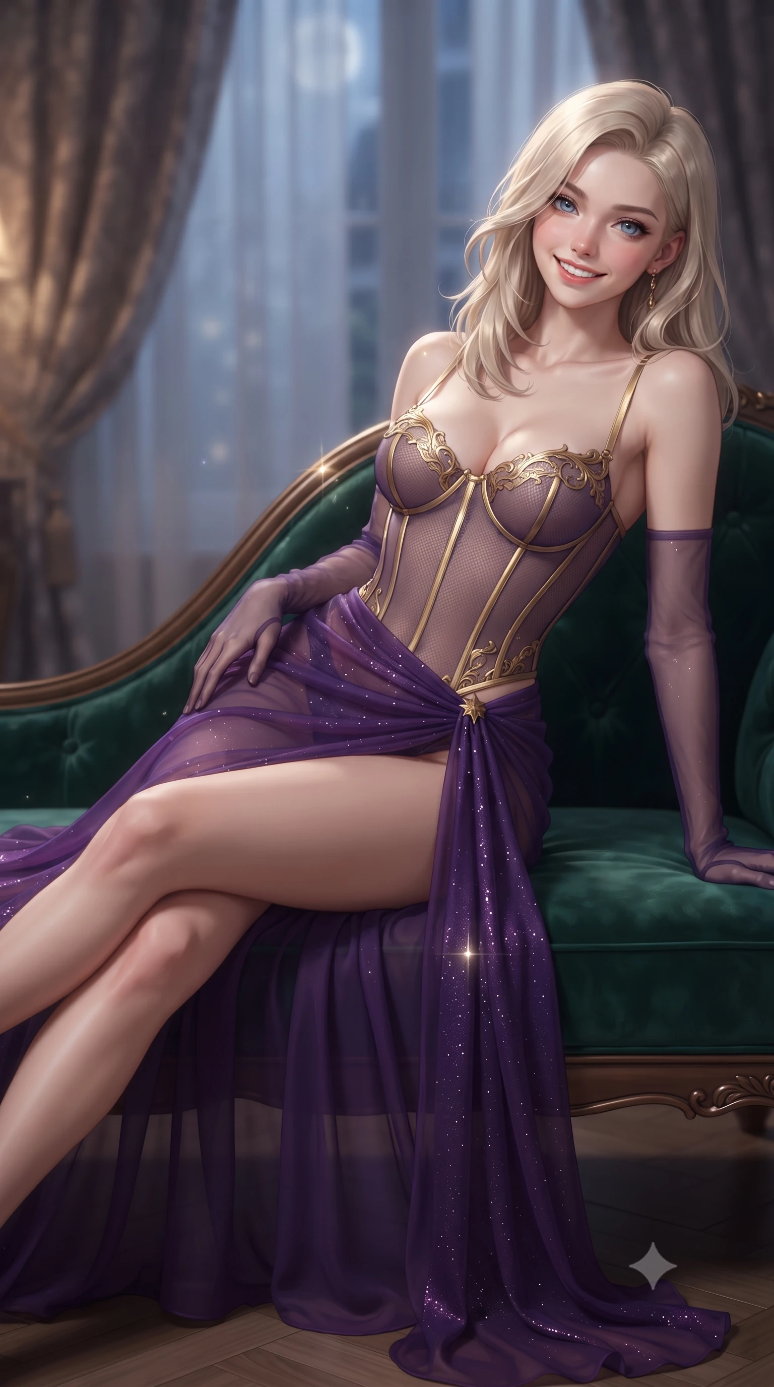 score_9, masterpiece, best quality, ultra-detailed, high-budget anime keyframe, editorial fashion photography, tasteful artistic composition, Caucasian woman. close-up cowboy shot from the waist and thighs up, the character dominates the composition, filling the frame with her large presence. tilting her head with a teasing half-smile, running one hand slowly down the side of her hip in a flirtatious S-curve as ambient light caresses her silhouette while lounging gracefully across the deep emerald velvet chaise lounge with one leg extended, arching her back with effortless siren allure. The background shows a soft-focus flowing damask portiere curtains softened in historic Marais nocturnal romance shallow focus. She has an exceptionally elegant, slender, and willowy female figure with an ultra-slim waist, flat toned midriff, narrow ribcage, and sculpted feminine hips creating an alluring, slim hourglass silhouette without bulk. sharp v-shaped jawline, high-bridge nose, intricate jewel-like sparkling eyes with depth, thick eyelashes, glossy parted lips with a natural peach sheen, bright cheerful beaming smile with an enchanting and coquettish sensual glint, exuding both youthful cute charm and seductive allure, flawlessly proportioned anatomical accuracy, strict slender model proportions, natural body alignment, perfectly sculpted long slender limbs, ultra-slim waistline, clean dynamic posture without body distortion. wearing a provocative translucent mesh corset bodice with boned satin channels paired with a sheer chiffon wrap maxi skirt in rich royal amethyst purple and gilded filigree, woven from stretch metallic lurex jersey casting radiant starlight glints across her curves, complemented by sheer opera-length evening gloves tracing her slender arms, the form-contouring silhouette accentuating her sculpted flat midriff, narrow delicate ribcage, and gracefully curvy hips with intoxicating allure. illuminated by polished parquet reflection bounce and sharp flame-gold rim lights defining her dewy collarbones, ultra-slim waist, and curvy hips. ultra-reflective glossy finish, specular highlights, rich textural contrasts, high-contrast stereoscopic depth, volumetric dynamic lighting, 2k, ultra detail, master piece, 9:16 ratio