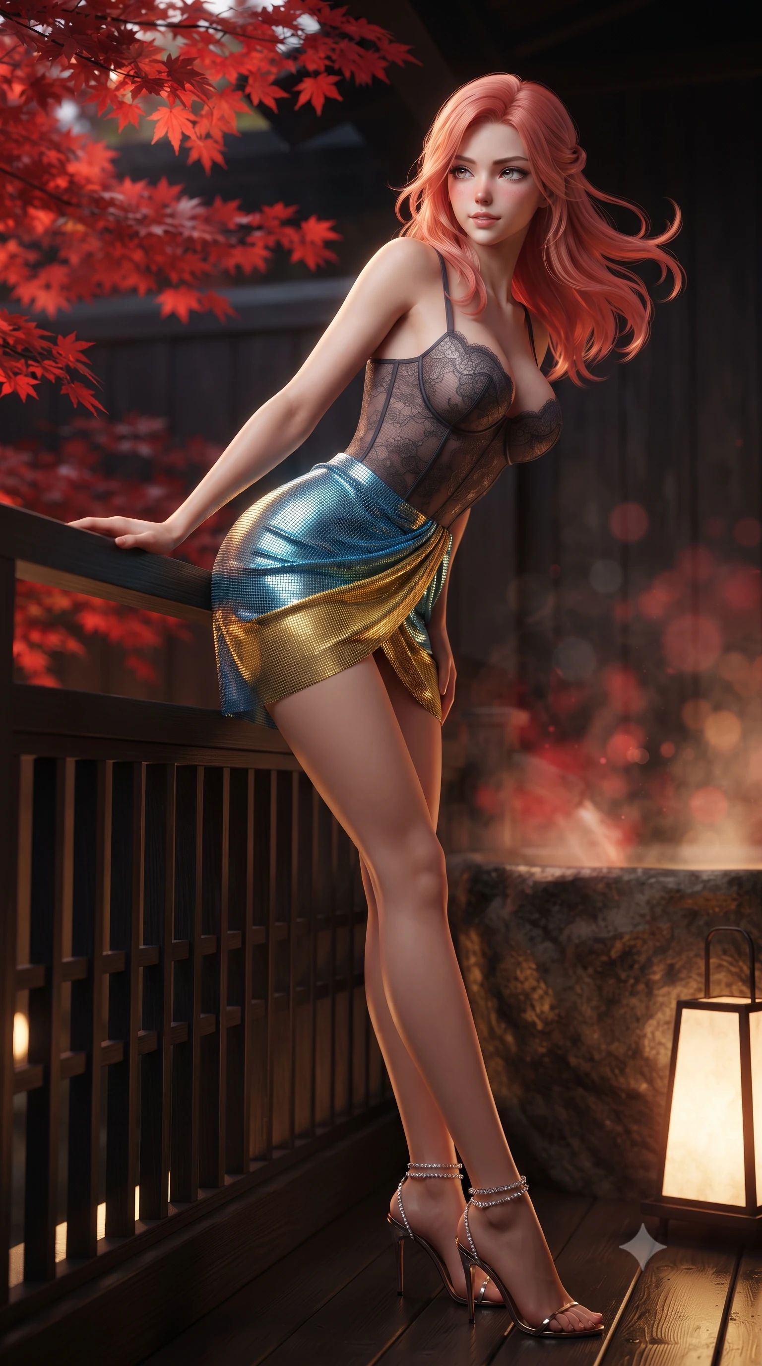score_9, masterpiece, best quality, ultra-detailed, high-budget anime keyframe, editorial fashion photography, tasteful artistic composition, Japanese woman. low angle full-body shot from head to toe showing her feet, filling the entire 9:16 vertical frame with her statuesque presence, stretching her vertical silhouette. leaning deep against the balcony balustrade with hips cocked back in an unapologetically alluring high-fashion stance, casting an intoxicating glance while leaning against the volcanic boulder tub rim with hips cocked back, looking through rising mineral steam with intoxicating bedroom-eyes. The background shows a soft-focus vibrant scarlet Japanese maple leaves overhanging the bath, dark timber machiya lattice walls, and rising mineral steam blurred into crimson, amber, and charcoal bokeh. She has an absolutely perfect, statuesque 8.5-heads proportion, an exceptionally tall and slender model-like female figure with impossibly long slender legs, an ultra-slim waist, a flat toned midriff, narrow delicate ribcage, and beautifully sculpted feminine hips creating a graceful, slim hourglass silhouette without any bulky heaviness. sharp v-shaped jawline, high-bridge nose, sparkling eyes with hypnotic seductive depth, thick curled eyelashes, glossy parted lips with a natural dewy peach sheen, alluring bedroom-eyes with an enchanting coquettish smile, exuding magnetic siren charisma and sophisticated glamour, flawlessly proportioned anatomical accuracy, strict slender model proportions, natural body alignment, perfectly sculpted long slender limbs, ultra-slim waistline, clean dynamic posture without body distortion. wearing a sculpted underwire demi-bustier in semi-sheer lace paired with an ultra-short draped tulip skirt in Amalfi azure blue and sunlit lemon gold, crafted from shimmering fluid chainmail mesh reflecting ambient lights, complemented by strappy stiletto sandals with crystal ankle wraps accentuating her slender calves, the liquid-tight tailored fabric clinging flawlessly to her narrow waist and rounded feminine hips, emphasizing every millimeter of her sculpted slim hourglass curves without any bulky heaviness. bathed in warm underwater thermal tub illumination paired with amber courtyard lantern glow. ultra-reflective glossy finish, specular highlights, rich textural contrasts, high-contrast stereoscopic depth, volumetric dynamic lighting, 2k, ultra detail, master piece, 9:16 ratio