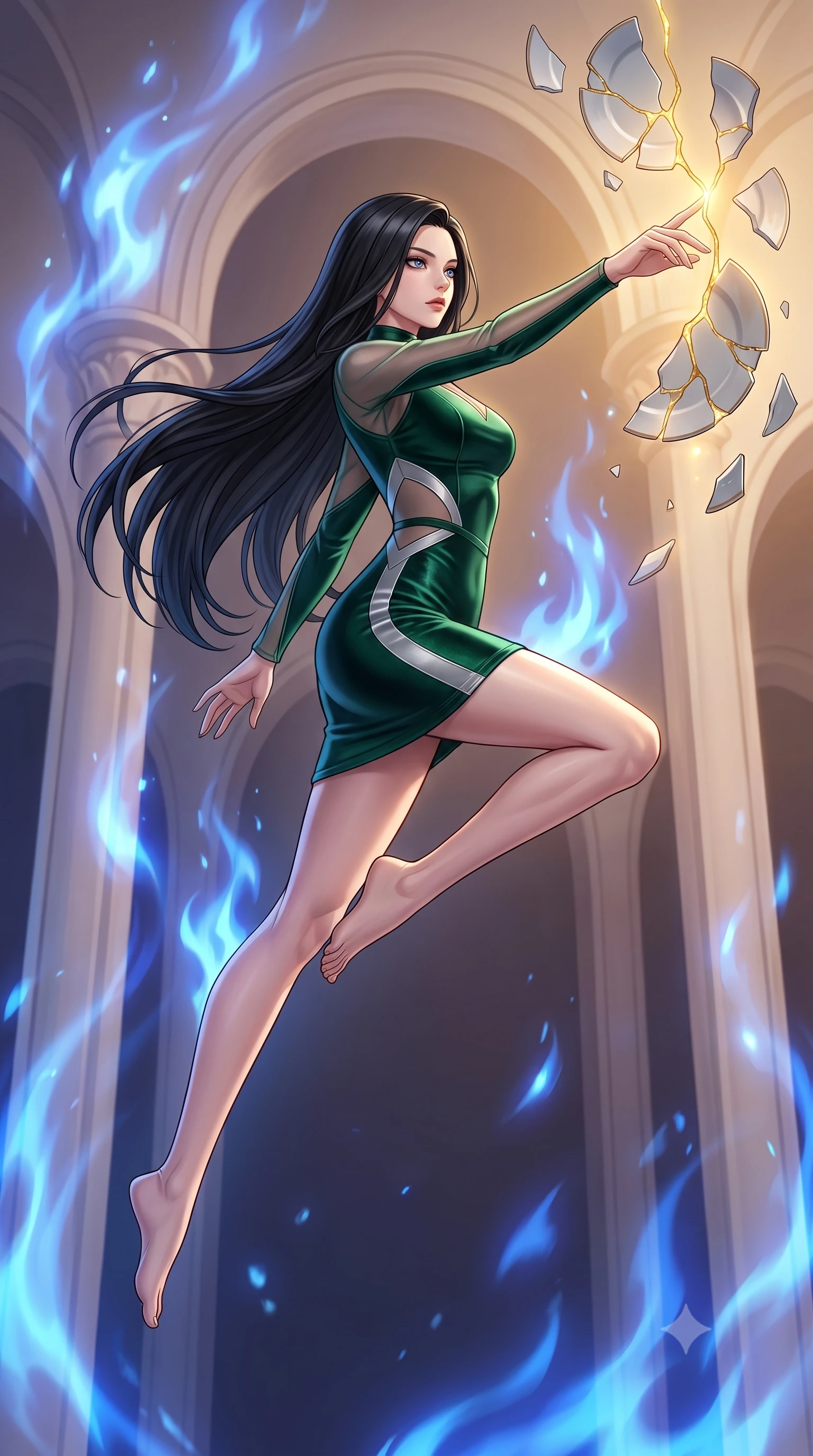 score_9, masterpiece, best quality, ultra-detailed, high-budget anime keyframe, editorial fashion photography, tasteful artistic composition, Korean woman. low angle full-body shot from head to toe showing her feet, filling the entire 9:16 vertical frame with her statuesque presence, stretching her vertical silhouette. leaping gracefully through mid-air with statuesque elegance, her impossibly long slender legs stretched in perfect balance while reaching her arm forward to touch a glowing gold kintsugi seam uniting broken ceramic plates, soft sapphire alchemy flames dancing around bisque porcelain architectural arches. She has an absolutely perfect, statuesque 8.5-heads proportion, an exceptionally tall and slender model-like female figure with impossibly long slender legs and an ultra-slim waist. sharp v-shaped jawline, high-bridge nose, intricate jewel-like eyes with depth, thick eyelashes, glossy lips with a natural sheen, flawlessly proportioned anatomical accuracy, natural body alignment, perfectly sculpted elegant limbs, clean dynamic posture without body distortion. wearing a sleek bodycon knit dress with strategic sheer organza sleeve panels in deep emerald green and silver accent, made of premium stretch velvet with a rich sheen, featuring subtle geometric cutouts that highlight her ultra-slim midriff, the sleek second-skin texture accentuating her magnetic presence. illuminated by a dramatic contrast of sapphire alchemy flames and warm golden glow. highly saturated vibrant anime colors, detailed shading with soft gradients, rich glossy textures, high-contrast stereoscopic depth, volumetric dynamic lighting, master piece, 9:16 ratio