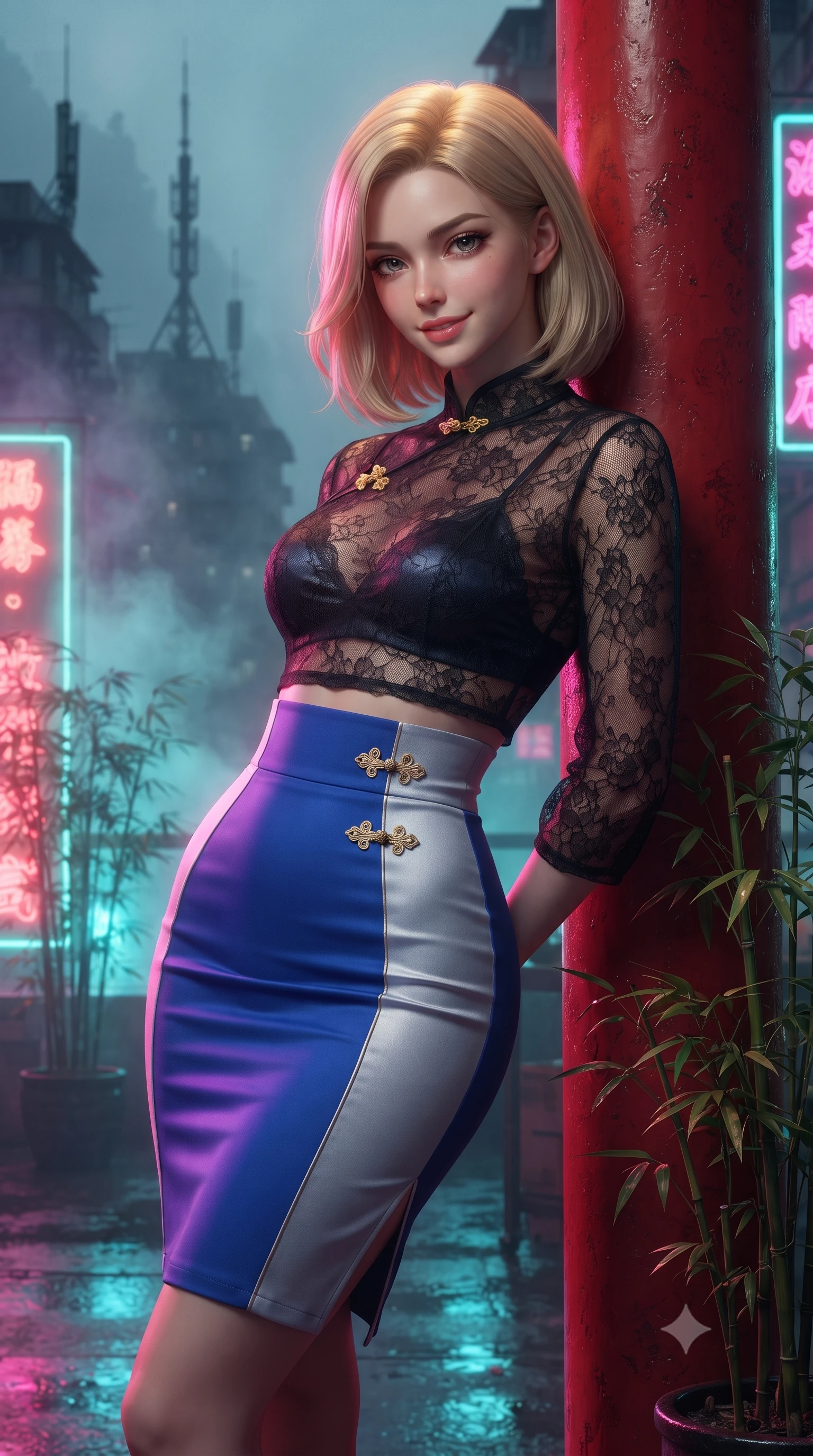 score_9, masterpiece, best quality, ultra-detailed, high-budget anime keyframe, editorial fashion photography, tasteful artistic composition, Korean woman. close-up cowboy shot from the waist and thighs up, the character dominates the composition, filling the frame with her large presence. leaning back against the red lacquer pillar with relaxed seductive grace, her flat midriff and narrow waist highlighted as warm lantern light traces her curves while twisting her slender torso in an alluring contrapposto stance among potted bamboo, vertical neon signs painting her curves in electric pink and cyan. The background shows a soft-focus drifting urban mist and silhouetted high-rise antenna spires softened in iconic Hong Kong noir shallow focus. She has an exceptionally elegant, slender, and willowy female figure with an ultra-slim waist, flat toned midriff, narrow ribcage, and sculpted feminine hips creating an alluring, slim hourglass silhouette without bulk. sharp v-shaped jawline, high-bridge nose, intricate jewel-like dark sparkling almond eyes with depth, thick lashes, glossy parted lips with a natural rose-plum sheen, bright alluring and coquettish smile with bedroom-eyes, exuding both timeless oriental elegance and sovereign high-fashion allure, flawlessly proportioned anatomical accuracy, strict slender model proportions, natural body alignment, perfectly sculpted long slender limbs, ultra-slim waistline, clean dynamic posture without body distortion. wearing a sheer black lace jeogori worn over an opaque dark silk bralette with an ultra-fitted high-waisted pencil skirt in royal cobalt blue and starlight platinum, tailored from fine crisp cotton-linen with clean structural lines, accented with intricate gold frog buttons and a delicate mandarin collar, the form-fitting tailored bodice adhering flawlessly to her sculpted flat midriff and slender torso, emphasizing her long leg lines and perfectly proportioned willowy build. bathed in intense, high-contrast neon magenta and electric turquoise underlights bouncing off wet surfaces. ultra-reflective glossy finish, specular highlights, rich textural contrasts, high-contrast stereoscopic depth, volumetric dynamic lighting, 2k, ultra detail, master piece, 9:16 ratio