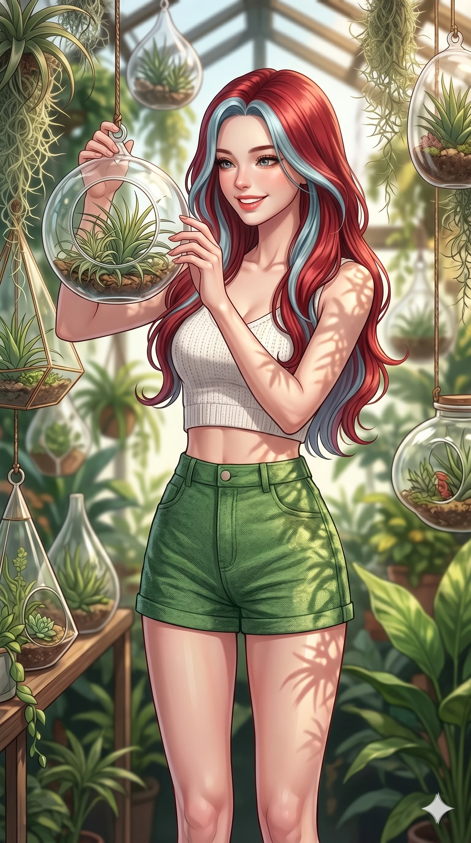 score_9, masterpiece, best quality, ultra-detailed, high-budget anime keyframe, editorial fashion photography, tasteful artistic composition, Caucasian woman, strictly human ears. cowboy shot from the thighs up, character and outfit filling the frame for maximum editorial presence. adjusting a hanging glass orb with a bright, focused smile and cheerful eyes inside a greenhouse filled with hanging air plants and glass terrariums. She has an absolutely perfect 8-heads proportion, an exceptionally tall and slender female figure with impossibly long slender legs and an ultra-slim waist. V-shaped jawline, high-bridge nose, intricate jewel-like eyes with depth, thick eyelashes, glossy lips with a natural sheen. wearing a white knit crop top showing her elegant clavicle lines and high-waisted green shorts. drenched in warm midday sunshine that creates soft organic shadows from the air plants. 2k, ultra detail, master piece, 9:16 ratio