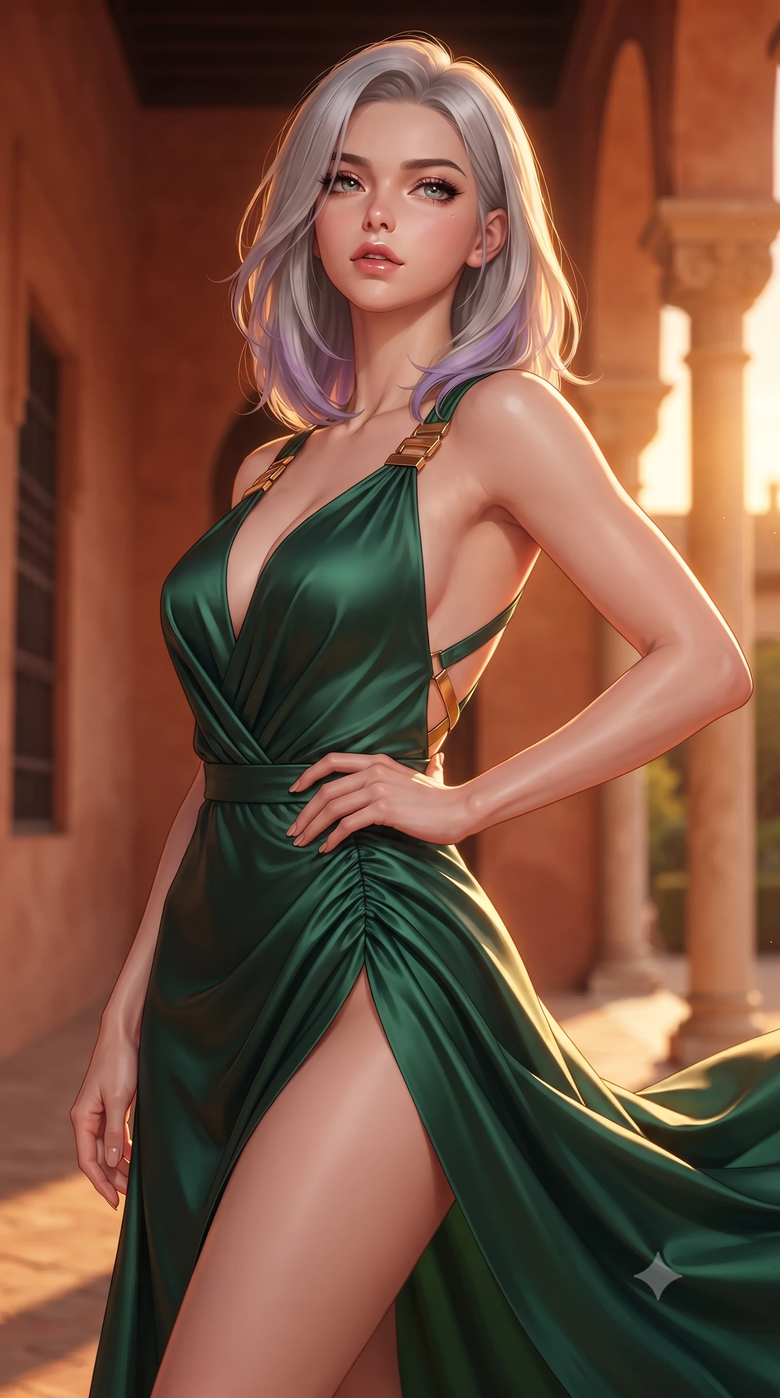 score_9, masterpiece, best quality, ultra-detailed, high-budget anime keyframe, semi-realistic 3D game render, editorial fashion photography, tasteful artistic composition, Caucasian woman. close-up cowboy shot from the waist and thighs up, the character dominates the composition, filling the frame with her large presence. tilting her chin up with proud, sovereign allure while gazing through thick eyelashes, one hand resting on her waist in pure supermodel charisma while twisting her slender torso in an alluring S-curve along the perimeter gallery, her flowing silk dress catching the warm evening breeze. The surrounding environment is rendered in vivid detail and crisp panoramic clarity. detailed silk dress drape, warm evening sun glints on skin, and Alcázar colonnade clarity in high resolution. She has an exceptionally elegant, slender, and willowy female figure with an ultra-slim waist, flat toned midriff, narrow ribcage, and sculpted feminine hips creating an alluring, slim hourglass silhouette without bulk. sharp v-shaped jawline, high-bridge nose, intricate jewel-like eyes with depth, thick eyelashes, glossy parted lips with a natural sheen, intensely captivating and seductive bedroom-eyes expression, flawlessly proportioned anatomical accuracy, strict slender model proportions, natural body alignment, perfectly sculpted long slender limbs, ultra-slim waistline, clean dynamic posture without body distortion. wearing a high-slit Grecian goddess draped gown with asymmetrical gold shoulder clasps and hip gathering in deep emerald green satin and gold hardware, made of fluid silk crepe with delicate inner corsetry boning, finished with criss-cross back satin straps highlighting her graceful shoulder blades, the precision-cut side openings and low-back scoop framing her graceful spine and the sensual sweep of her slim, toned hips. bathed in rich golden hour Andalusian sunset backlighting and warm terracotta wall bounce fill. highly saturated vibrant anime colors, detailed shading with soft gradients, rich glossy textures, high-contrast stereoscopic depth, volumetric dynamic lighting, master piece, 9:16 ratio