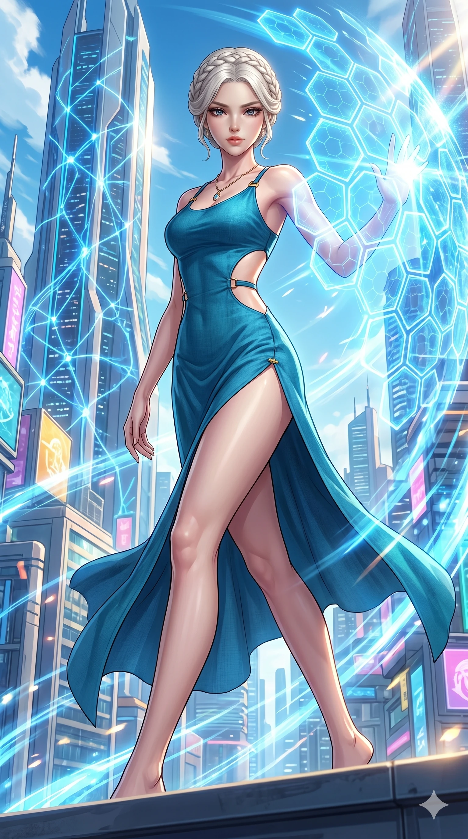 score_9, masterpiece, best quality, ultra-detailed, Set C: High-budget Anime Keyframe, Korean woman. Low angle cowboy shot filling the entire 9:16 frame with her statuesque presence. Summoning a shield made of hexagonal energy tiles. She has an absolutely perfect 8-heads proportion, an exceptionally tall and slender female figure with impossibly long slender legs and an ultra-slim waist. Sharp v-shaped jawline, high-bridge nose, intricate jewel-like eyes with depth, thick eyelashes, glossy lips. Wearing a Seasonal/Resort outfit: linen sundress with side cut-outs and a high side slit. Background is a bright and colorful metropolis with glowing blue energy effects and dynamic motion. 2k, ultra detail, master piece, 9:16 ratio