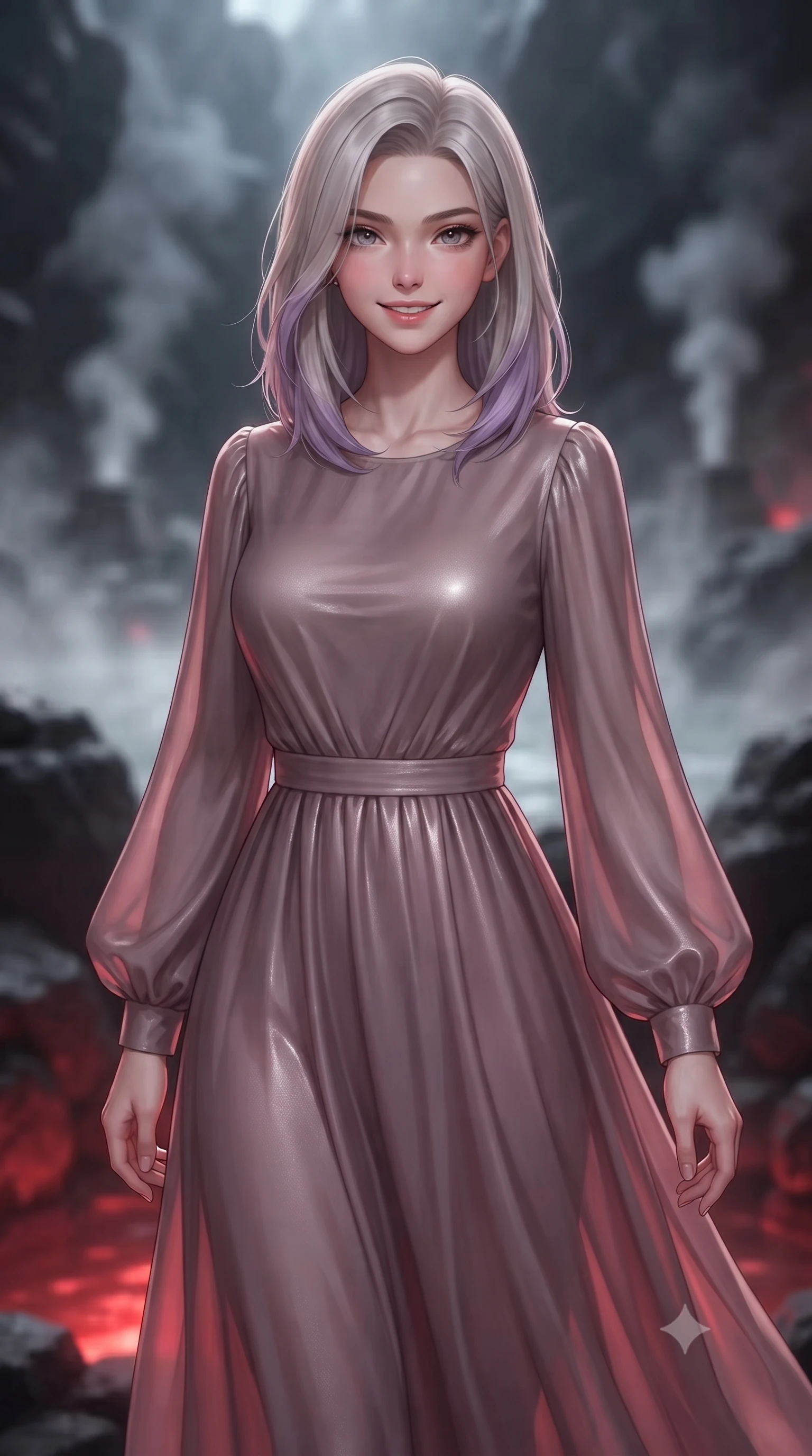 score_9, masterpiece, best quality, ultra-detailed, high-budget anime keyframe, editorial fashion photography, tasteful artistic composition, Caucasian woman woman. close-up cowboy shot from the waist and thighs up, the character dominates the composition, filling the frame with her large presence, background elements kept in soft focus. She has an exceptionally elegant, slender, and willowy female figure with an ultra-slim waist, a gracefully sculpted slender torso, and a refined silhouette. smiling with quiet, magnetic self-assurance directly into the camera lens, flawlessly proportioned anatomical accuracy, natural body alignment, perfectly sculpted elegant limbs, clean dynamic posture without body distortion. set against a soft-focus background of a dark basalt thermal bath chamber with rising mineral steam. wearing a serene dusty mauve chiffon maxi dress with long bishop sleeves. bathed in warm crimson furnace glow from below contrasting with cool top ambient light. ultra-reflective glossy finish, specular highlights, metallic sheen, high-contrast stereoscopic depth, volumetric dynamic lighting, 2k, ultra detail, master piece, 9:16 ratio