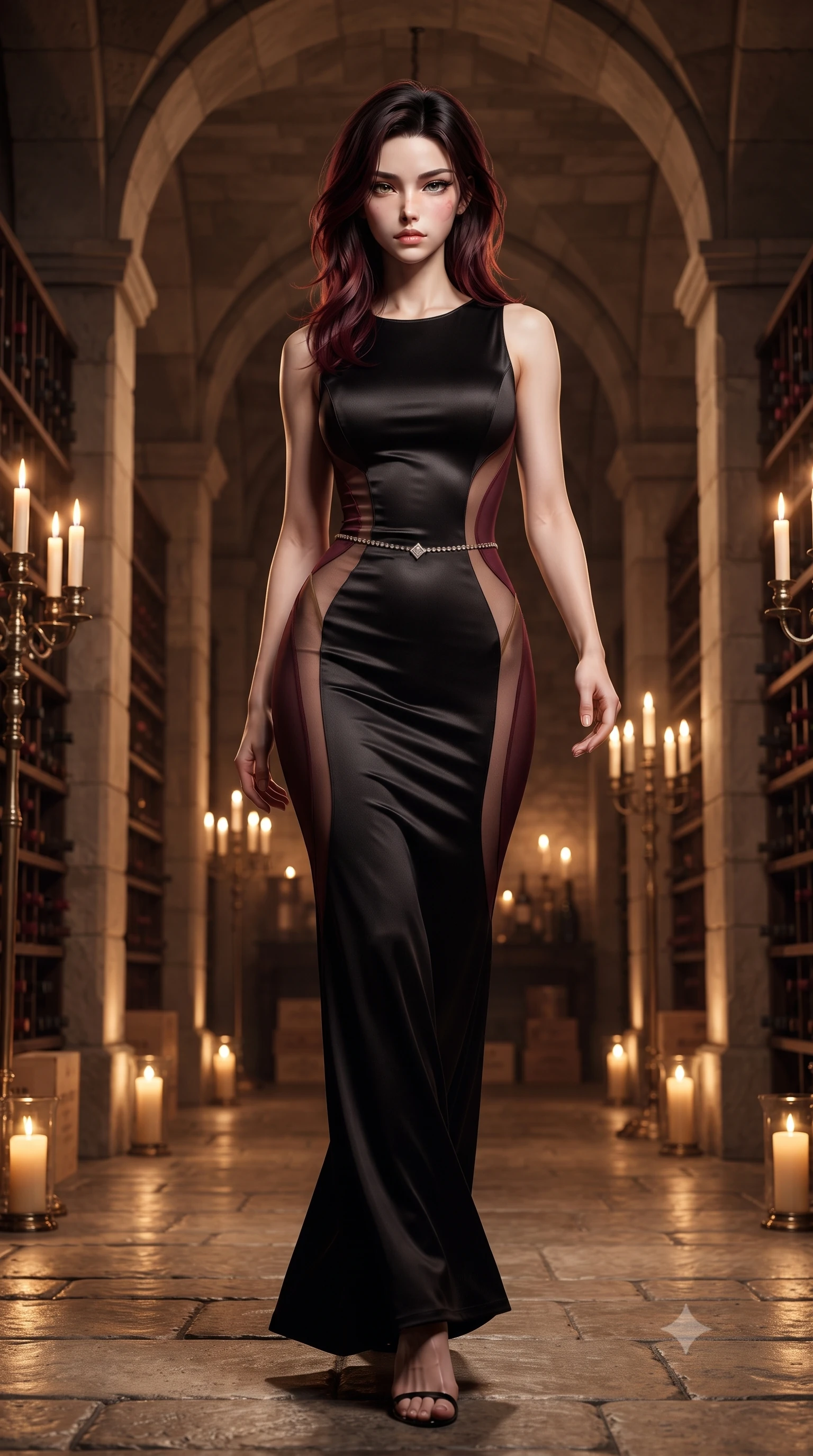 score_9, masterpiece, best quality, ultra-detailed, high-budget anime keyframe, editorial fashion photography, tasteful artistic composition, Korean woman. low angle full-body shot from head to toe showing her feet, filling the entire 9:16 vertical frame with her statuesque presence, stretching her vertical silhouette. striding forward in a proud supermodel runway stride, hips swaying in an alluring kinetic rhythm that accentuates her curvy hourglass silhouette while standing poised between towering limestone arches and dusty vintage wine racks, twisting her torso in a deep contrapposto stance to display her feminine hourglass curves. The surrounding environment is rendered in vivid detail and crisp panoramic clarity. detailed vintage wine label typography, crystal glass facets, and cobblestone floor reflections in high clarity. She has an absolutely perfect, statuesque 8.5-heads proportion, an exceptionally tall and slender model-like female figure with impossibly long slender legs, a toned flat midriff, an ultra-slim waist, and beautifully sculpted feminine hips. sharp v-shaped jawline, high-bridge nose, intricate jewel-like eyes with depth, thick eyelashes, glossy parted lips with a natural sheen, intensely captivating and seductive bedroom-eyes expression, flawlessly proportioned anatomical accuracy, strict slender model proportions, natural body alignment, perfectly sculpted long slender limbs, ultra-slim waistline, clean dynamic posture without body distortion. wearing a second-skin black silk jersey maxi dress with asymmetrical sheer mesh side panels tracing the full curve of her hip in deep Merlot burgundy and liquid gold, tailored from ultra-smooth duchess satin with a pearlescent wine sheen, accented with a dainty diamond waist chain catching the cellar candlelight, the liquid-tight tailored fabric clinging flawlessly to her narrow waist and rounded feminine hips, emphasizing every millimeter of her sculpted hourglass curves during movement. bathed in warm flickering candlelight from antique candelabras and soft amber floor uplights. ultra-reflective glossy finish, specular highlights, rich textural contrasts, high-contrast stereoscopic depth, volumetric dynamic lighting, 2k, ultra detail, master piece, 9:16 ratio