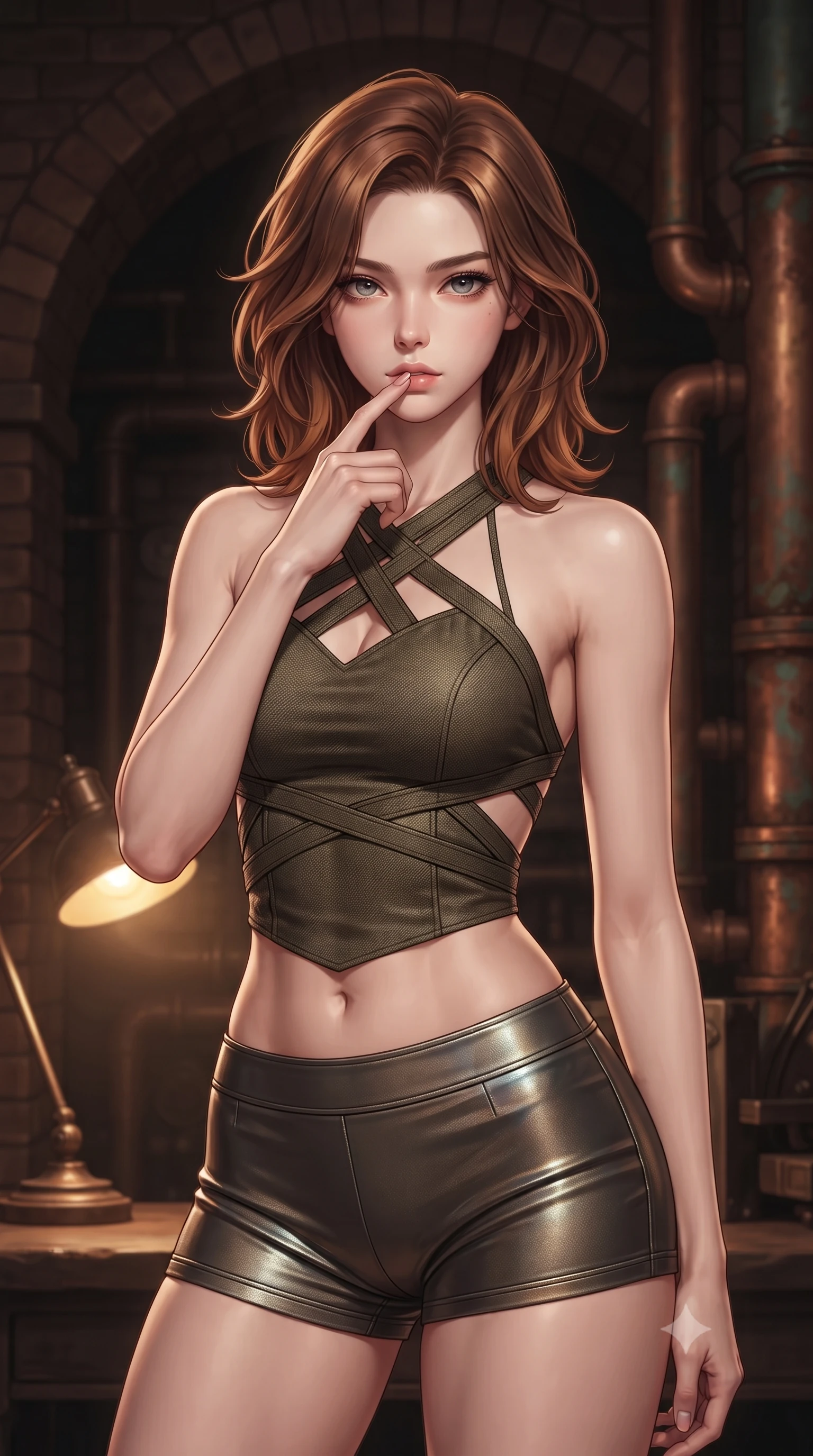score_9, masterpiece, best quality, ultra-detailed, high-budget anime keyframe, editorial fashion photography, tasteful artistic composition, Korean woman. close-up cowboy shot from the waist and thighs up, the character dominates the composition, filling the frame with her large presence, background elements kept in soft focus. pressing one finger to her bottom lip in a thoughtful, composed gesture, locking eyes with the viewer, the background shows a soft-focus a boiler room engine cockpit with dark brick arches and heavy copper piping. She has an exceptionally elegant, slender, and willowy female figure with an ultra-slim waist, a gracefully sculpted slender torso, and a refined silhouette. sharp v-shaped jawline, high-bridge nose, intricate jewel-like eyes with depth, thick eyelashes, glossy lips with a natural sheen. wearing a tailored backless halter-neck combat top with criss-cross strapping, paired with carbon-alloy micro-shorts. warm yellow table lamp casting cozy shadows on her refined, slender silhouette. ultra-reflective glossy finish, specular highlights, metallic sheen, high-contrast stereoscopic depth, volumetric dynamic lighting, 2k, ultra detail, master piece, 9:16 ratio