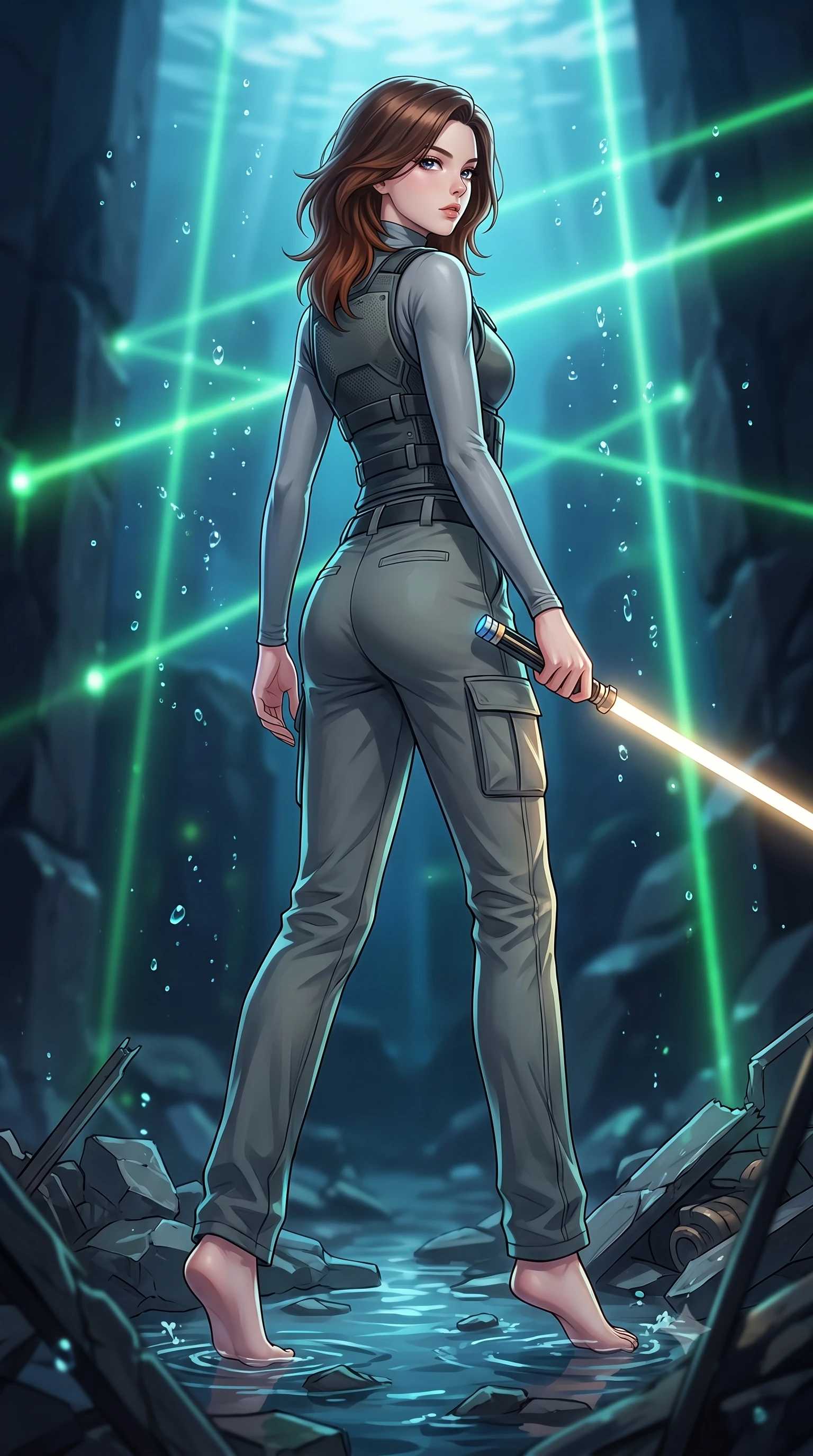 score_9, masterpiece, best quality, ultra-detailed, high-budget anime keyframe, editorial fashion photography, tasteful artistic composition, Korean woman. low angle full-body shot from head to toe showing her feet, filling the entire 9:16 vertical frame with her statuesque presence, stretching her vertical silhouette. stepping gracefully through battlefield debris with a glowing saber hilt in hand, looking back over her shoulder, the background shows a soft-focus an underwater dock for personal submarines made of dark basalt stone. She has an absolutely perfect, statuesque 8.5-heads proportion, an exceptionally tall and slender model-like female figure with impossibly long slender legs and an ultra-slim waist. sharp v-shaped jawline, high-bridge nose, intricate jewel-like eyes with depth, thick eyelashes, glossy lips with a natural sheen. wearing a slim-fit rugged carbon-alloy utility vest over a long-sleeve high-neck grey compression shirt and matching cargo slacks. fluorescent green dock status lasers refracting through water droplets. highly saturated vibrant anime colors, detailed shading with soft gradients, rich glossy textures, high-contrast stereoscopic depth, volumetric dynamic lighting, master piece, 9:16 ratio