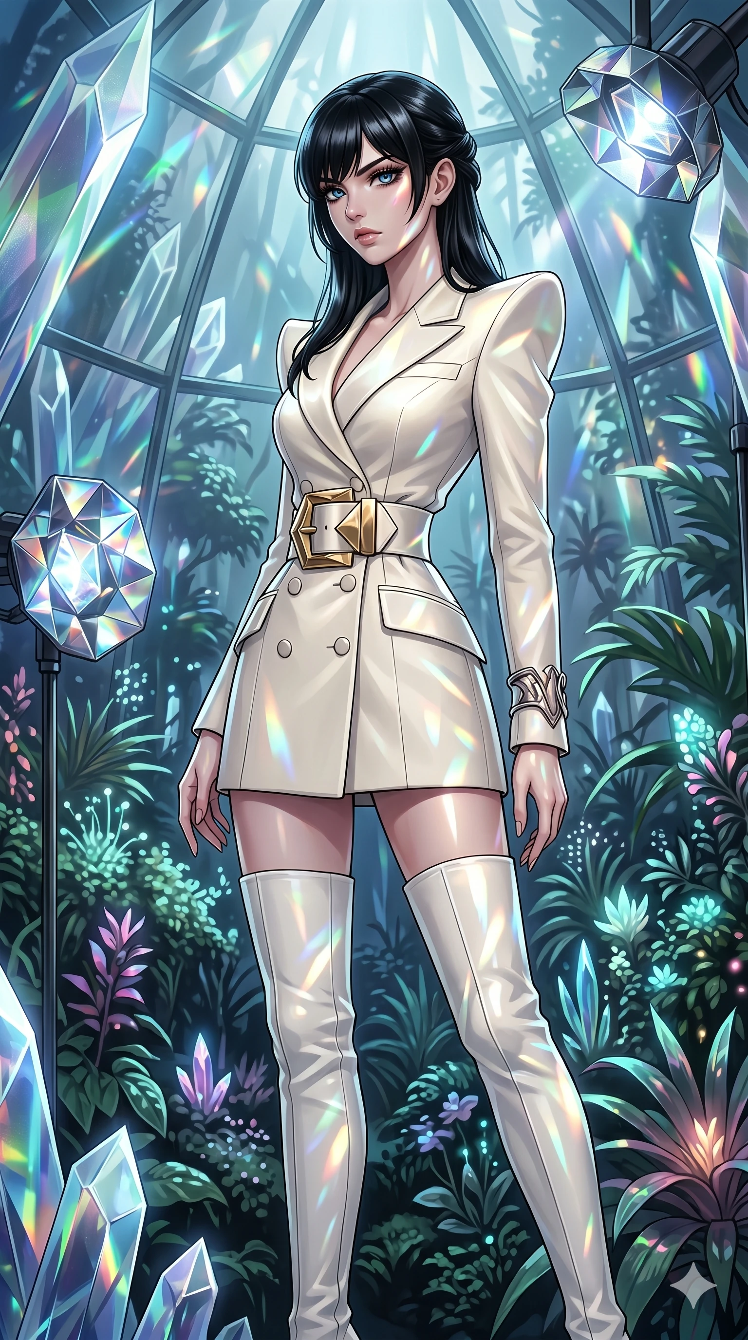 score_9, masterpiece, best quality, ultra-detailed, high-budget anime keyframe, editorial fashion photography, tasteful artistic composition, Caucasian woman, strictly human ears. cowboy shot from the thighs up, character and outfit filling the frame for maximum editorial presence. Casting a powerful sidelong glance with dramatic eye contact within a prismatic rain-forest dome where bioluminescent plants pulse softly with every breath of wind. She has an absolutely perfect 8-heads proportion, an exceptionally tall and slender female figure with impossibly long slender legs and an ultra-slim waist. V-shaped jawline, high-bridge nose, intricate jewel-like eyes with depth, thick eyelashes, glossy lips with a natural sheen. wearing a sculptural ivory double-breasted blazer-dress with exaggerated pagoda shoulders, precisely nipped waist, and a structured above-knee hem, accessorized with an oversized gold geometric belt buckle and white over-knee boots. lit by mirror-reflected prismatic spotlights creating geometric light patterns on her form. 2k, ultra detail, master piece, 9:16 ratio