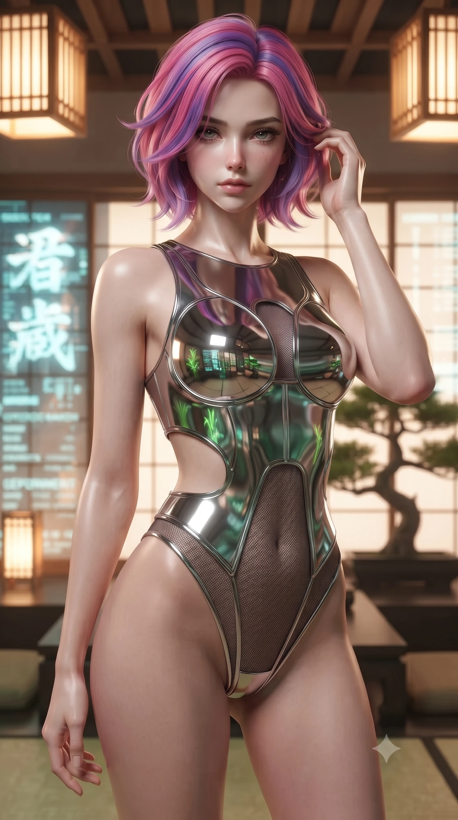 score_9, masterpiece, best quality, ultra-detailed, high-budget anime keyframe, editorial fashion photography, tasteful artistic composition, Caucasian woman woman. close-up cowboy shot from the waist and thighs up, the character dominates the composition, filling the frame with her large presence, background elements kept in soft focus. She has an exceptionally elegant, slender, and willowy female figure with an ultra-slim waist, a gracefully sculpted slender torso, and a refined silhouette. casting a slow, direct gaze beneath heavy lashes with magnetic intensity, flawlessly proportioned anatomical accuracy, natural body alignment, perfectly sculpted elegant limbs, clean dynamic posture without body distortion. set against a soft-focus background of a cyber-zen tea room with digital shoji screens and bonsai. wearing a high-cut chrome-plated structured bodice over fine dark mesh with side waist cutouts. bathed in soft warm wooden ambient glow with gentle green digital plant highlights. ultra-reflective glossy finish, specular highlights, metallic sheen, high-contrast stereoscopic depth, volumetric dynamic lighting, 2k, ultra detail, master piece, 9:16 ratio