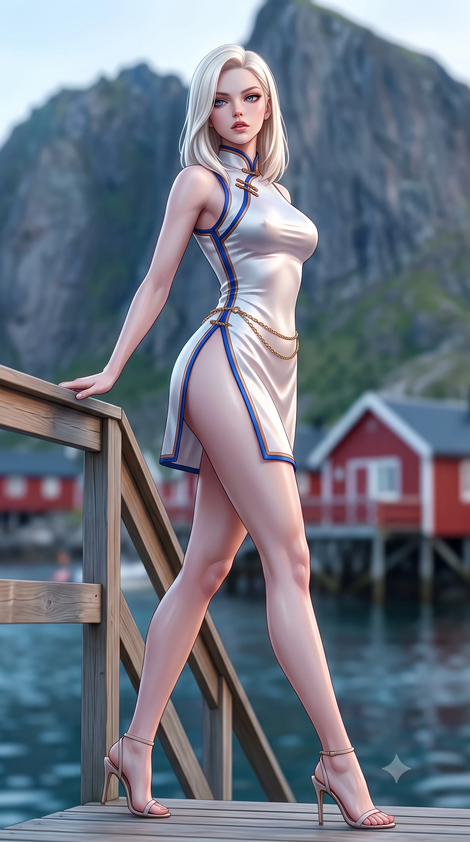 score_9, masterpiece, best quality, ultra-detailed, high-budget anime keyframe, semi-realistic 3D game render, editorial fashion photography, tasteful artistic composition, Caucasian woman. low angle full-body shot from head to toe showing her feet, filling the entire 9:16 vertical frame with her statuesque presence, stretching her vertical silhouette. striding forward in a proud supermodel runway stride, hips swaying in an alluring kinetic rhythm that accentuates her curvy hourglass silhouette while leaning against the timber stair railing with hips cocked back, looking over her shoulder with fearless, smoldering Nordic eyes. The composition keeps background elements in soft focus with creamy bokeh. jagged granite peaks rising from turquoise Arctic fjords and red wooden fishing cabins blurred into golden rose, cyan, and deep slate bokeh. She has an exceptionally tall and slender model-like 8.5-heads proportion, an ultra-slim waist, a flat toned midriff, narrow delicate ribcage, and beautifully sculpted feminine hips creating a graceful, slim hourglass silhouette without any bulky heaviness, with impossibly long slender legs. sharp v-shaped jawline, high-bridge nose, intricate jewel-like eyes with depth, thick eyelashes, glossy parted lips with a natural sheen, intensely captivating and seductive bedroom-eyes expression, flawlessly proportioned anatomical accuracy, strict slender model proportions, natural body alignment, perfectly sculpted long slender limbs, ultra-slim waistline, clean dynamic posture without body distortion. wearing a modernized cyber-qipao mini dress with an ultra-high side slit ascending to the hip and glowing piping in royal sapphire blue and liquid bronze, tailored from ultra-smooth duchess satin with a pearlescent sheen, accented with a delicate gold chain belt resting loosely on her curvy hips, the liquid-tight tailored fabric clinging flawlessly to her narrow waist and rounded feminine hips, emphasizing every millimeter of her sculpted slim hourglass curves without any bulky heaviness. illuminated by cool fjord water ambient fill contouring her razor-sharp jawline, narrow waist, and curvy hips. highly saturated vibrant anime colors, detailed shading with soft gradients, rich glossy textures, high-contrast stereoscopic depth, volumetric dynamic lighting, master piece, 9:16 ratio