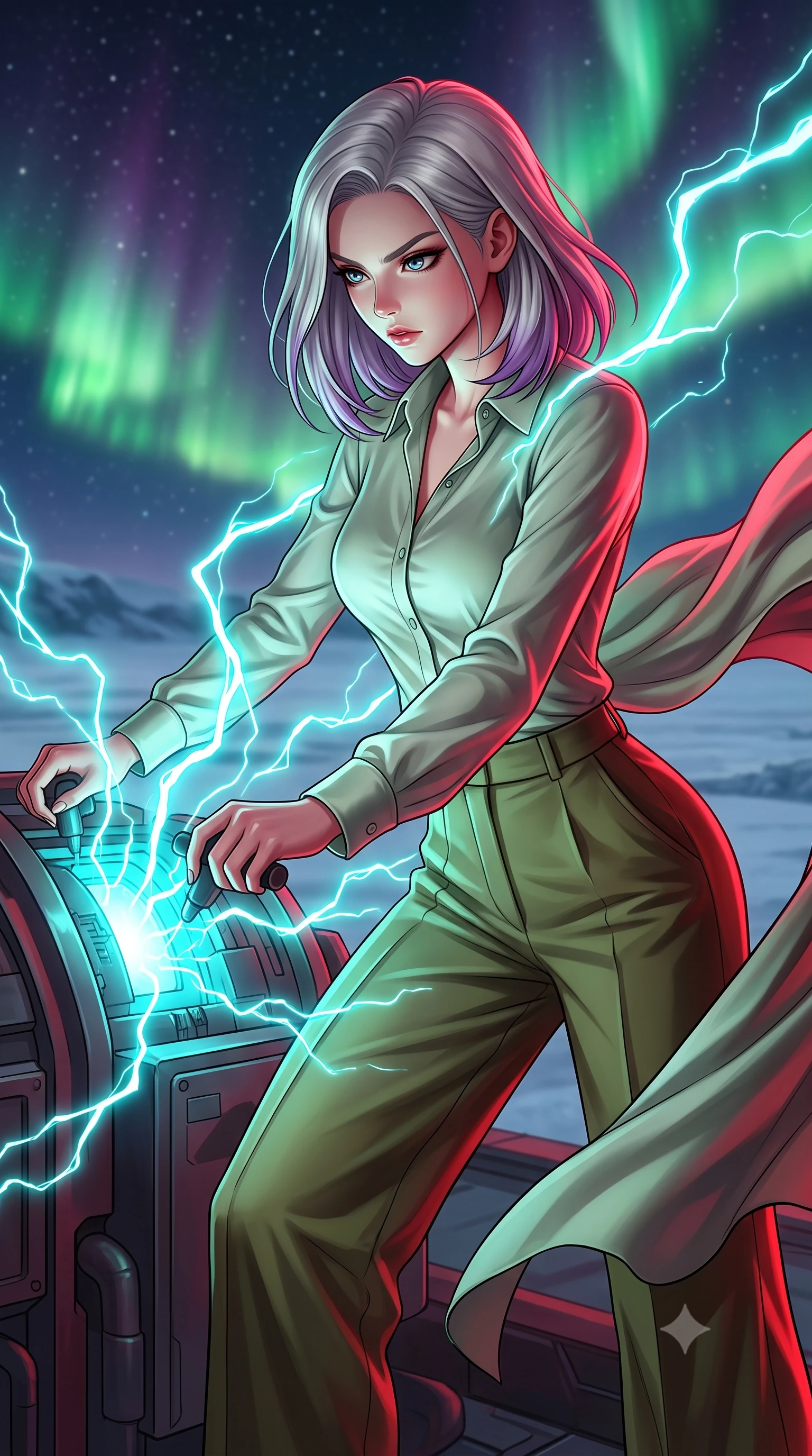 score_9, masterpiece, best quality, ultra-detailed, high-budget anime keyframe, editorial fashion photography, tasteful artistic composition, Caucasian woman, strictly human ears. close-up cowboy shot from the waist and thighs up, the character dominates the composition, filling the frame with her large presence, background elements kept in soft focus. Overloading the reactor core, her face illuminated by the bright cyan electrical energy arcing around her. set against a soft-focus background of a vast frozen plain on an ice moon, a colossal green and purple aurora curtain dancing across the star-filled sky. She has an exceptionally elegant and slender, willowy female figure with an ultra-slim waist, a gracefully sculpted slender torso, and a refined slim physique. sharp v-shaped jawline, high-bridge nose, intricate jewel-like eyes with depth, thick eyelashes, glossy lips with a natural sheen. wearing the lightweight fabric rippling and billowing dramatically with her movement, a form-contouring pale sage green button-down silk shirt tucked into high-waisted olive green wide-leg trousers. highly saturated vibrant anime colors, intense vivid color palette, soft 3D volumetric shading, volumetric dynamic lighting, deep crimson theatrical lighting with sharp specular highlights on every curve. 2k, ultra detail, master piece, 9:16 ratio