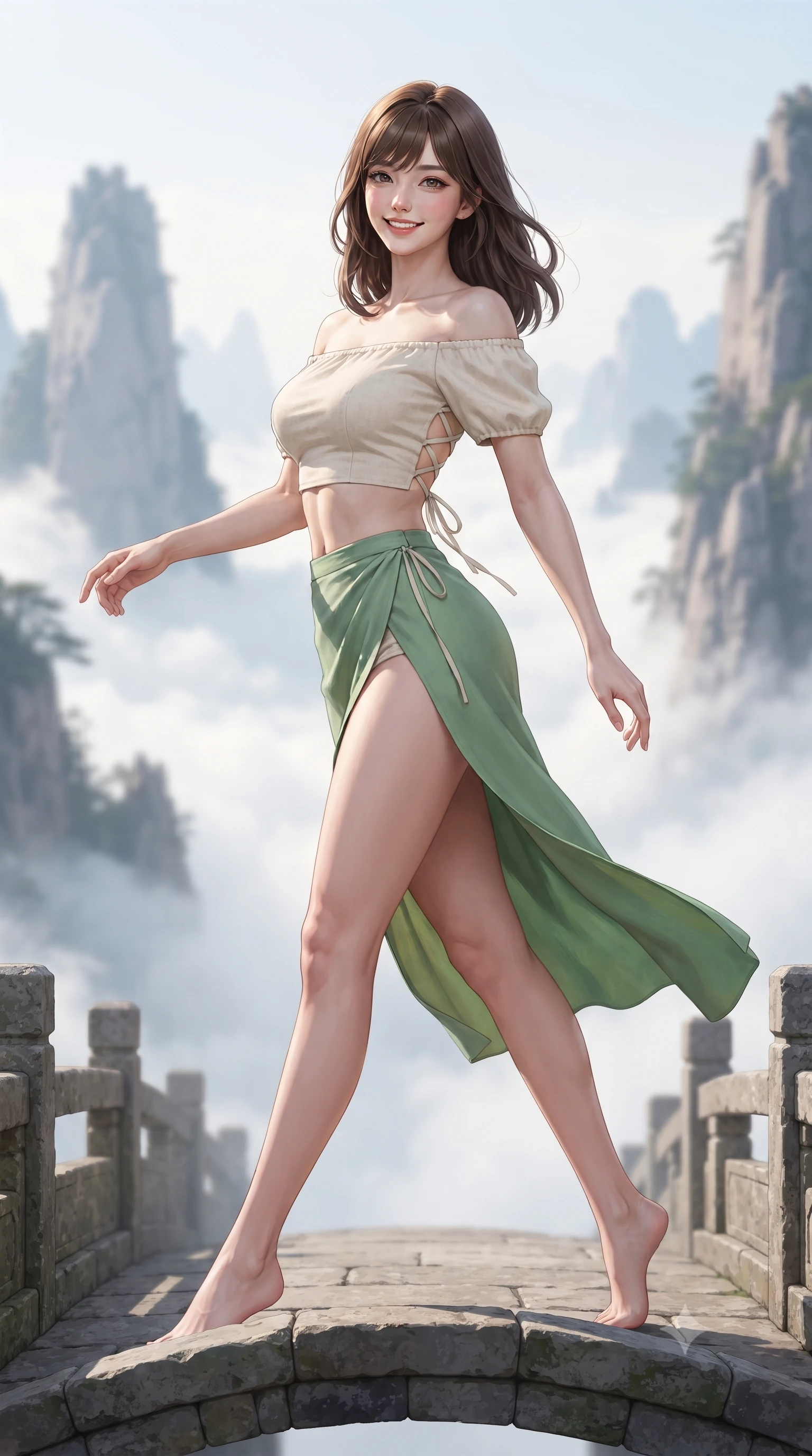 score_9, masterpiece, best quality, ultra-detailed, high-budget anime keyframe, editorial fashion photography, tasteful artistic composition, Korean woman. low angle full-body shot from head to toe showing her feet, filling the entire 9:16 vertical frame with her statuesque presence, stretching her vertical silhouette. stepping forward gracefully across the stone bridge in mid-motion with a radiant beaming smile, hips swaying in an alluring kinetic rhythm that accentuates her curvy hourglass silhouette and long slender legs while twisting her slender torso in an alluring S-curve as mountain breezes sculpt her flowing silk gown against her narrow waist and curvy hips. The background shows a soft-focus towering jagged granite peaks piercing through endless rolling white cloud seas blurred into peach, ink-wash slate, and gold bokeh. She has an absolutely perfect, statuesque 8.5-heads proportion, an exceptionally tall and slender model-like female figure with impossibly long slender legs, an ultra-slim waist, a flat toned midriff, narrow delicate ribcage, and beautifully sculpted feminine hips creating a graceful, slim hourglass silhouette without any bulky heaviness. sharp v-shaped jawline, high-bridge nose, intricate jewel-like dark sparkling almond eyes with depth, thick lashes, glossy parted lips with a natural rose-plum sheen, bright alluring and coquettish smile with bedroom-eyes, exuding both timeless oriental elegance and sovereign high-fashion allure, flawlessly proportioned anatomical accuracy, strict slender model proportions, natural body alignment, perfectly sculpted long slender limbs, ultra-slim waistline, clean dynamic posture without body distortion. wearing a modern two-piece fusion set with an off-shoulder crop blouse and high-slit wrap skirt tracing her curvaceous hips in fresh bamboo emerald and soft oatmeal cream, tailored from fine crisp cotton-linen with clean structural lines, finished with criss-cross back satin laces tracing her slender spine, the precision-cut side hip slits and low-back scoop framing her graceful spine and the sensual sweep of her slim, toned hips. illuminated by white cloud bounce fill and sharp warm-gold rim lighting sculpting her razor-sharp jawline, narrow waist, and curvy hips. ultra-reflective glossy finish, specular highlights, rich textural contrasts, high-contrast stereoscopic depth, volumetric dynamic lighting, 2k, ultra detail, master piece, 9:16 ratio