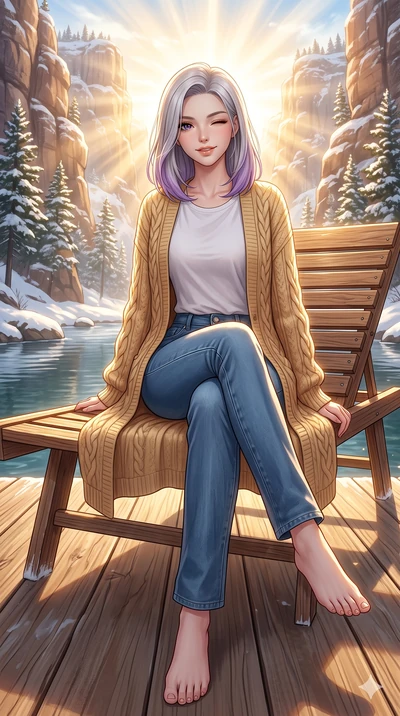score_9, masterpiece, best quality, ultra-detailed, high-budget anime keyframe, vibrant anime aesthetic, Caucasian woman, strictly human ears. low angle full-body shot from head to toe showing her feet, filling the entire 9:16 vertical frame with her