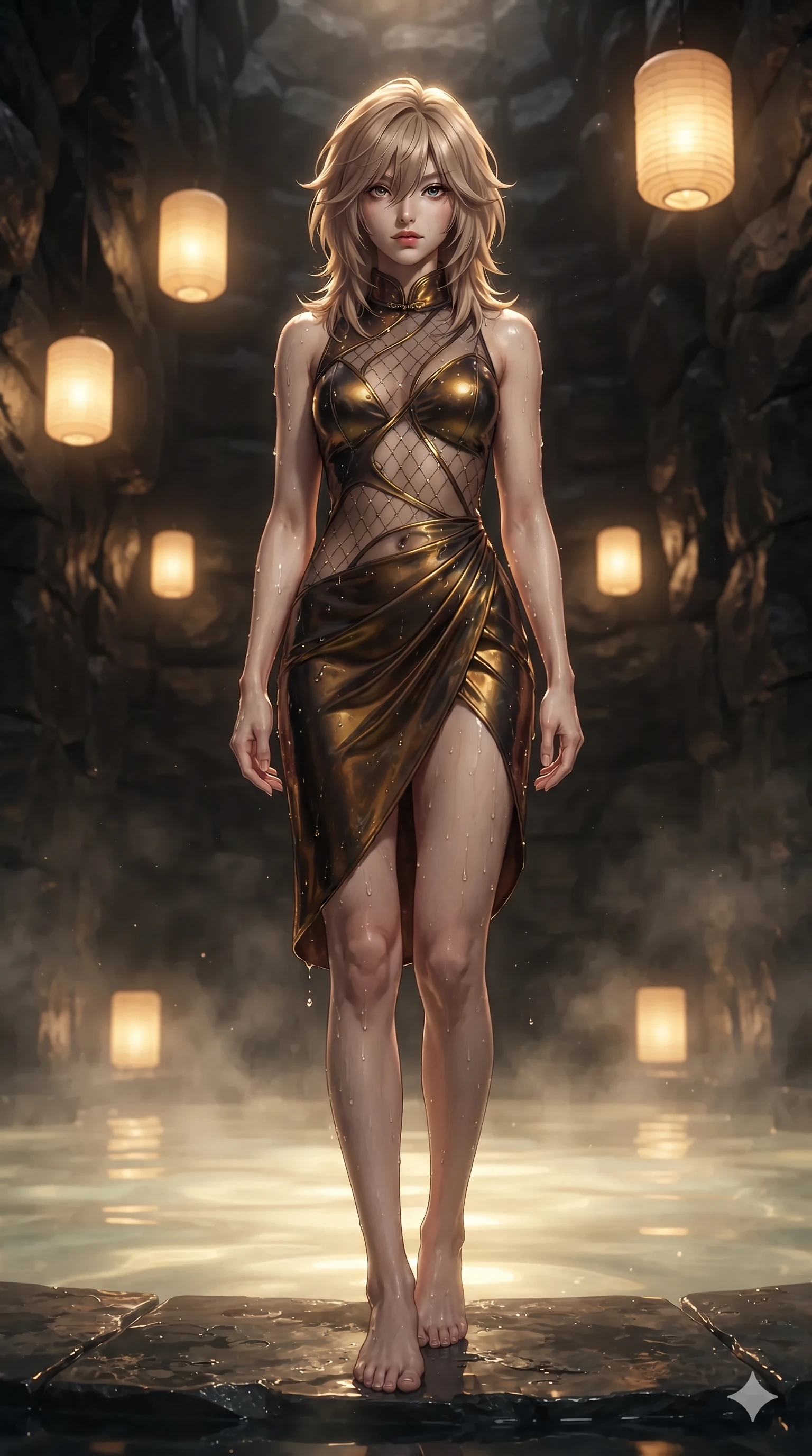 score_9, masterpiece, best quality, ultra-detailed, high-budget anime keyframe, editorial fashion photography, tasteful artistic composition, Japanese woman. low angle full-body shot from head to toe showing her feet, filling the entire 9:16 vertical frame with her statuesque presence, stretching her vertical silhouette. stepping forward in a confident stride, her long slender legs and curvaceous hips creating a dynamic, sweeping vertical line while lounging gracefully on the heated basalt spa lounger propped on one elbow with legs extended, her sculpted silhouette and flat midriff radiating magnetic nocturnal glamour. The background shows a soft-focus subterranean spa humidity softened in basalt thermal grotto shallow focus. She has an exceptionally tall and slender model-like 8.5-heads proportion, an ultra-slim waist, a flat toned midriff, narrow delicate ribcage, and beautifully sculpted feminine hips creating a graceful, slim hourglass silhouette without any bulky heaviness, with impossibly long slender legs. sharp v-shaped jawline, high-bridge nose, intricate jewel-like sparkling eyes with depth, thick eyelashes, glossy parted lips with a natural sheen, intensely captivating and seductive bedroom-eyes expression, exuding both youthful cute charm and sovereign luxury allure, flawlessly proportioned anatomical accuracy, strict slender model proportions, natural body alignment, perfectly sculpted long slender limbs, ultra-slim waistline, clean dynamic posture without body distortion. wearing a wet-look silk fusion wrap dress with asymmetrical sheer mesh cutouts and high Mandarin collar in cosmic eclipse amber and starlight diamond, woven from buttery-soft stretch lambskin leather adhering to her body like a second skin, complemented by sheer opera-length evening gloves tracing her slender arms, the form-contouring material adhering flawlessly to her sculpted flat midriff and slender torso, emphasizing her long leg lines and perfectly proportioned willowy build. bathed in the rich, intimate 2400K golden radiance of floating washi paper lanterns and underwater pool glow. ultra-reflective glossy finish, specular highlights, rich textural contrasts, high-contrast stereoscopic depth, volumetric dynamic lighting, 2k, ultra detail, master piece, 9:16 ratio