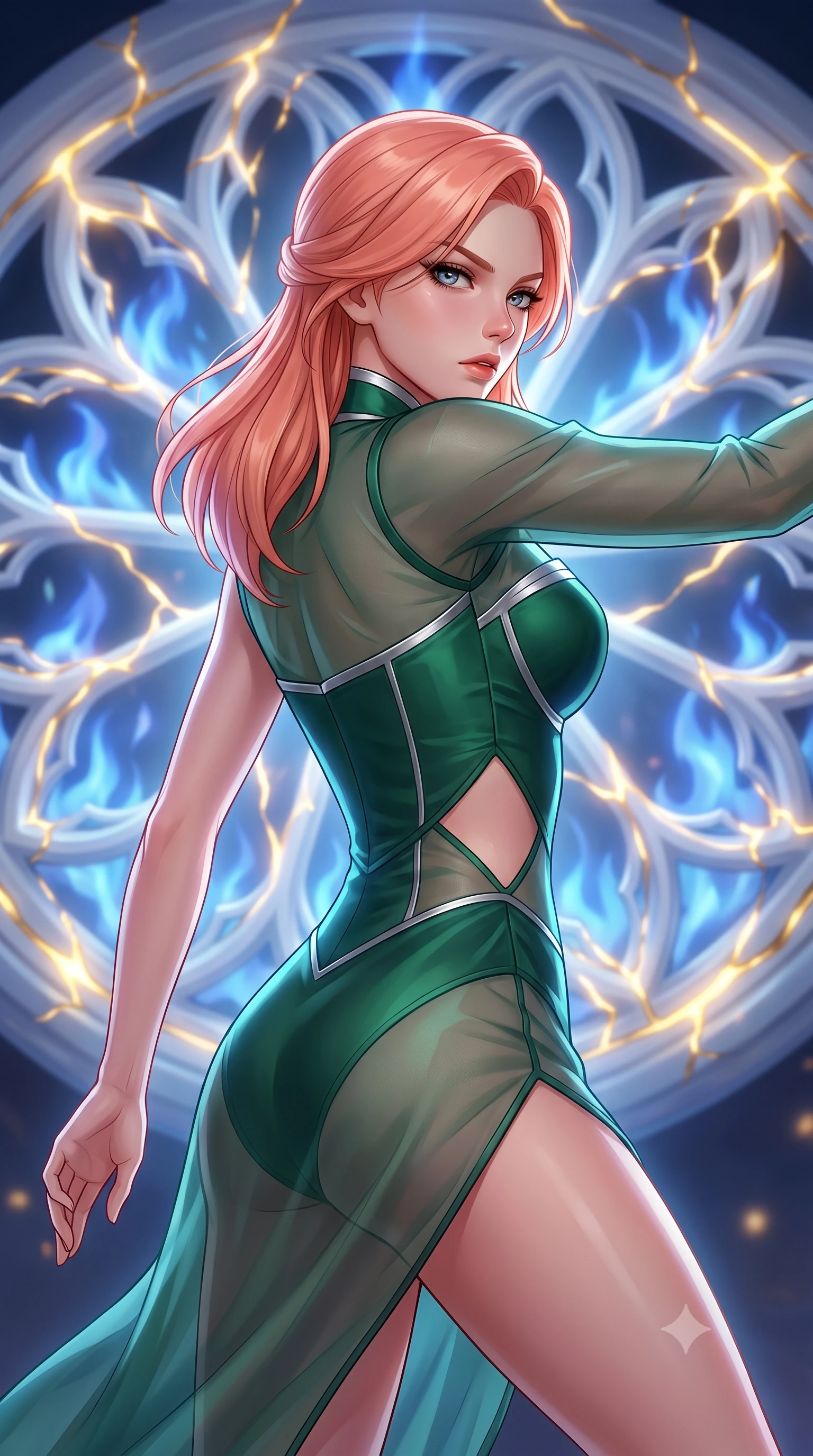 score_9, masterpiece, best quality, ultra-detailed, high-budget anime keyframe, editorial fashion photography, tasteful artistic composition, Japanese woman. close-up cowboy shot from the waist and thighs up, the character dominates the composition, filling the frame with her large presence, background elements kept in soft focus. Pivoting sharply while looking back over her shoulder with heavy lashes and a confident, intense gaze while pivoting dynamically in front of a giant porcelain rose window emitting sapphire flames, luminous gold kintsugi seams glowing with intense golden inner radiance. She has an exceptionally elegant, slender, and willowy female figure with an ultra-slim waist, a gracefully sculpted slender torso, and a refined silhouette. sharp v-shaped jawline, high-bridge nose, intricate jewel-like eyes with depth, thick eyelashes, glossy lips with a natural sheen, flawlessly proportioned anatomical accuracy, natural body alignment, perfectly sculpted elegant limbs, clean dynamic posture without body distortion. wearing a modern fusion silk hanbok dress with a structured bodice and flowing skirt in deep emerald green and silver accent, woven from fine semi-opaque sheer organza, featuring subtle geometric cutouts that highlight her ultra-slim midriff, the tailored fabric tightly following every curve of her athletic build. bathed in radiant golden kintsugi light radiating from ceramic cracks. highly saturated vibrant anime colors, detailed shading with soft gradients, rich glossy textures, high-contrast stereoscopic depth, volumetric dynamic lighting, master piece, 9:16 ratio