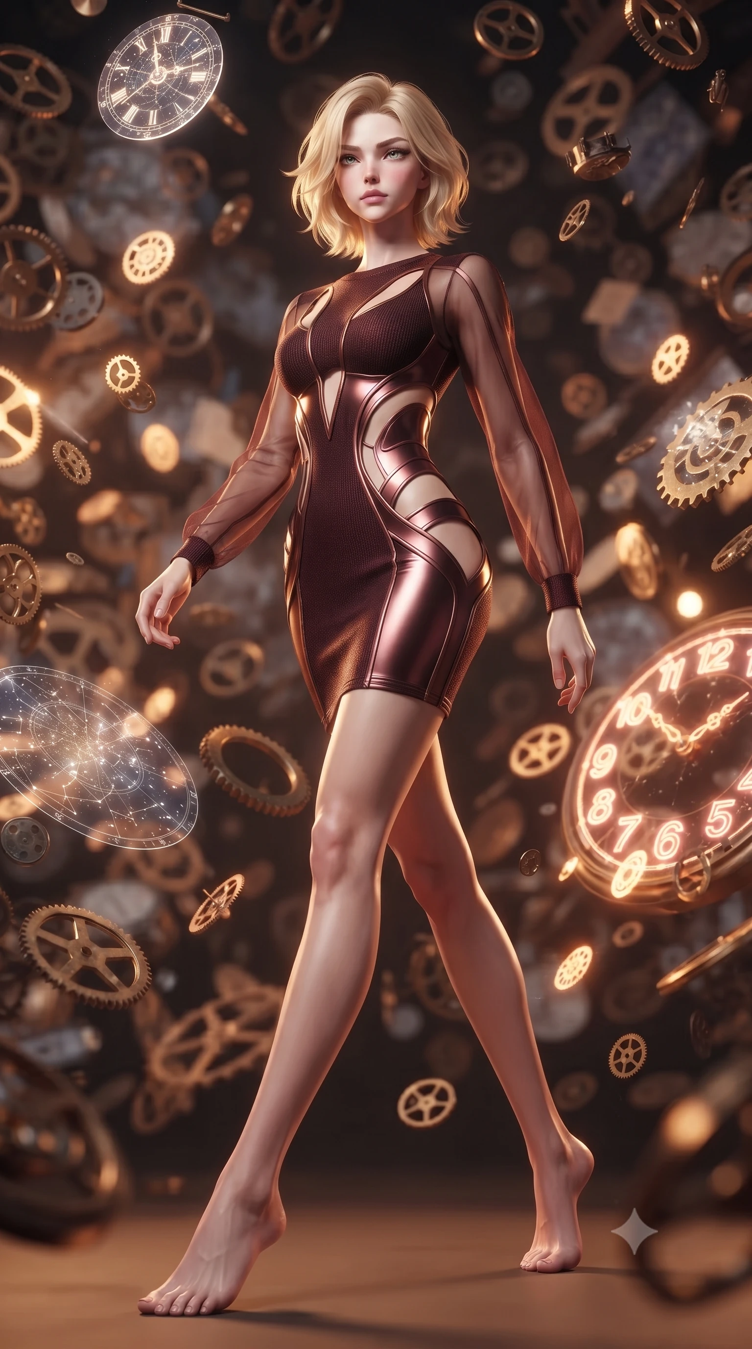 score_9, masterpiece, best quality, ultra-detailed, high-budget anime keyframe, editorial fashion photography, tasteful artistic composition, Caucasian woman. low angle full-body shot from head to toe showing her feet, filling the entire 9:16 vertical frame with her statuesque presence, stretching her vertical silhouette. forging dynamically through the scene, her vertical silhouette beautifully stretched navigating a blizzard of floating analog gear parts and glowing star maps, glowing neon clock numbers floating in the air with vintage elegancy. She has an absolutely perfect, statuesque 8.5-heads proportion, an exceptionally tall and slender model-like female figure with impossibly long slender legs and an ultra-slim waist. sharp v-shaped jawline, high-bridge nose, intricate jewel-like eyes with depth, thick eyelashes, glossy lips with a natural sheen. wearing a sleek bodycon knit dress with sheer organza sleeve panels in deep burgundy and bronze, formed from sleek second-skin neoprene, featuring clean architectural cutouts along her slender torso, the form-contouring material highlighting her ultra-slim waist and long lines. surrounded by warm hearth light and dramatic bronze rim highlights. ultra-reflective glossy finish, specular highlights, metallic sheen, high-contrast stereoscopic depth, volumetric dynamic lighting, 2k, ultra detail, master piece, 9:16 ratio