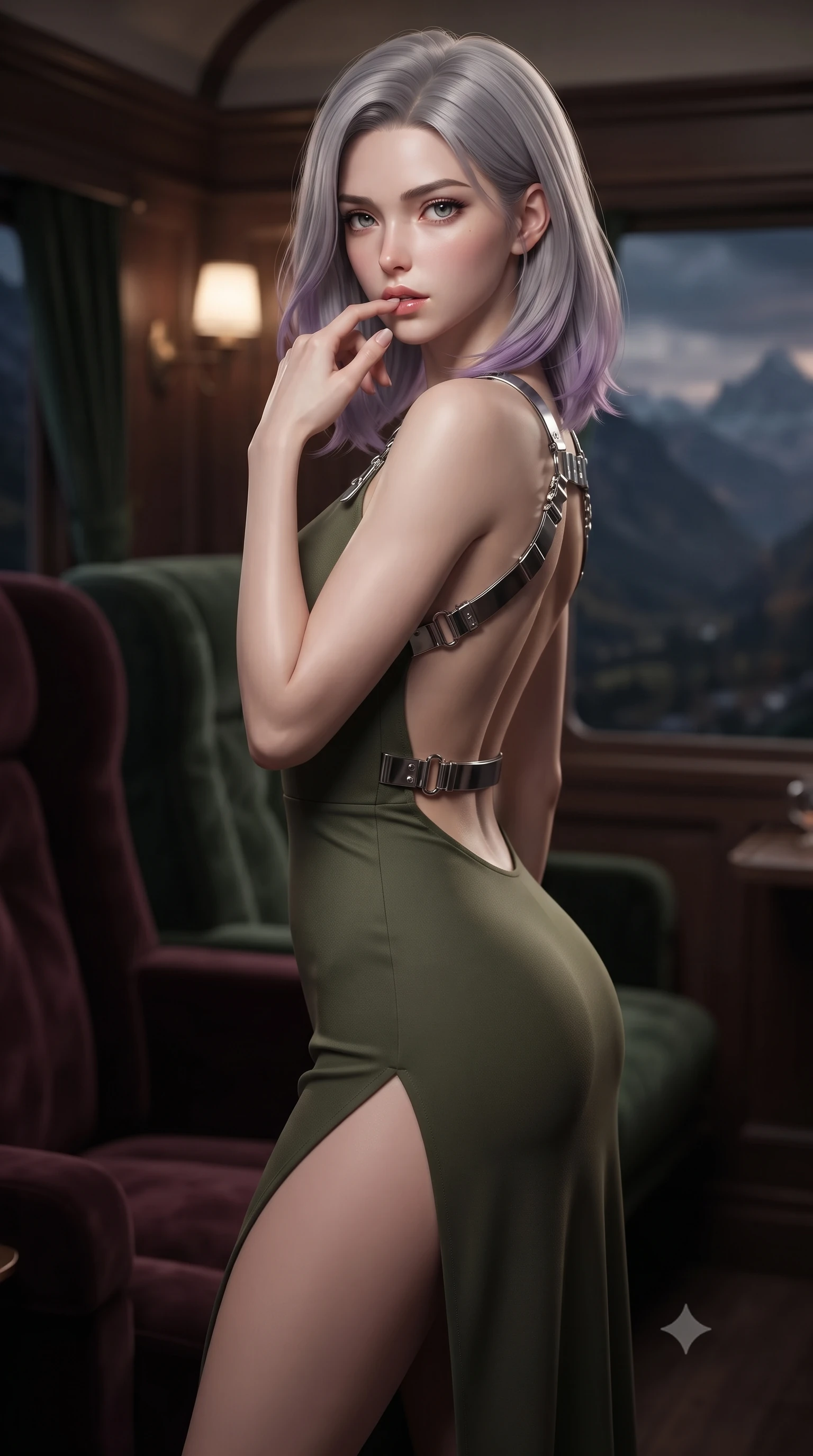 score_9, masterpiece, best quality, ultra-detailed, high-budget anime keyframe, editorial fashion photography, tasteful artistic composition, Caucasian woman. close-up cowboy shot from the waist and thighs up, the character dominates the composition, filling the frame with her large presence, background elements kept in soft focus. pressing one finger to her bottom lip in a thoughtful, composed gesture, locking eyes with the viewer, the background shows a soft-focus a private compartment on a scenic rail liner with velvet passenger seats. She has an exceptionally elegant, slender, and willowy female figure with an ultra-slim waist, a gracefully sculpted slender torso, and a refined silhouette. sharp v-shaped jawline, high-bridge nose, intricate jewel-like eyes with depth, thick eyelashes, glossy lips with a natural sheen. wearing a body-hugging dramatic open-back maxi combat dress in olive green, featuring a high thigh slit and chrome straps. soft spotlighting highlighting the detailed fabrics and textures of her gear. ultra-reflective glossy finish, specular highlights, metallic sheen, high-contrast stereoscopic depth, volumetric dynamic lighting, 2k, ultra detail, master piece, 9:16 ratio