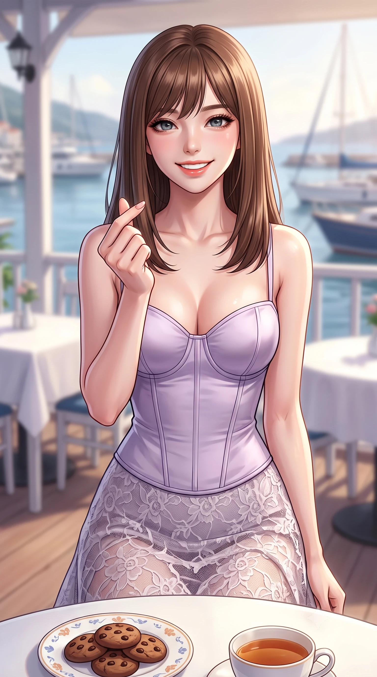 score_9, masterpiece, best quality, ultra-detailed, high-budget anime keyframe, editorial fashion photography, tasteful artistic composition, Korean woman. close-up cowboy shot from the waist and thighs up, the character dominates the composition, filling the frame with her large presence, background elements kept in soft focus. flashing a bright, sunny grin, holding her fingers in a cute small heart shape set against a soft-focus background of at a seaside restaurant veranda with white tables and views of the harbor with a cute ceramic plate of chocolate cookies and a cup of tea on the table. She has an exceptionally elegant, slender, and willowy female figure with an ultra-slim waist, a gracefully sculpted slender torso, and a refined silhouette. sharp v-shaped jawline, high-bridge nose, intricate jewel-like eyes with depth, thick eyelashes, glossy lips with a natural sheen. wearing slim-fit tailored bustier corset in soft lavender silk with a semi-opaque lace long skirt. gentle, warm ambient lighting highlighting the delicious food and her face. highly saturated vibrant anime colors, detailed shading with soft gradients, rich glossy textures, high-contrast stereoscopic depth, volumetric dynamic lighting, master piece, 9:16 ratio