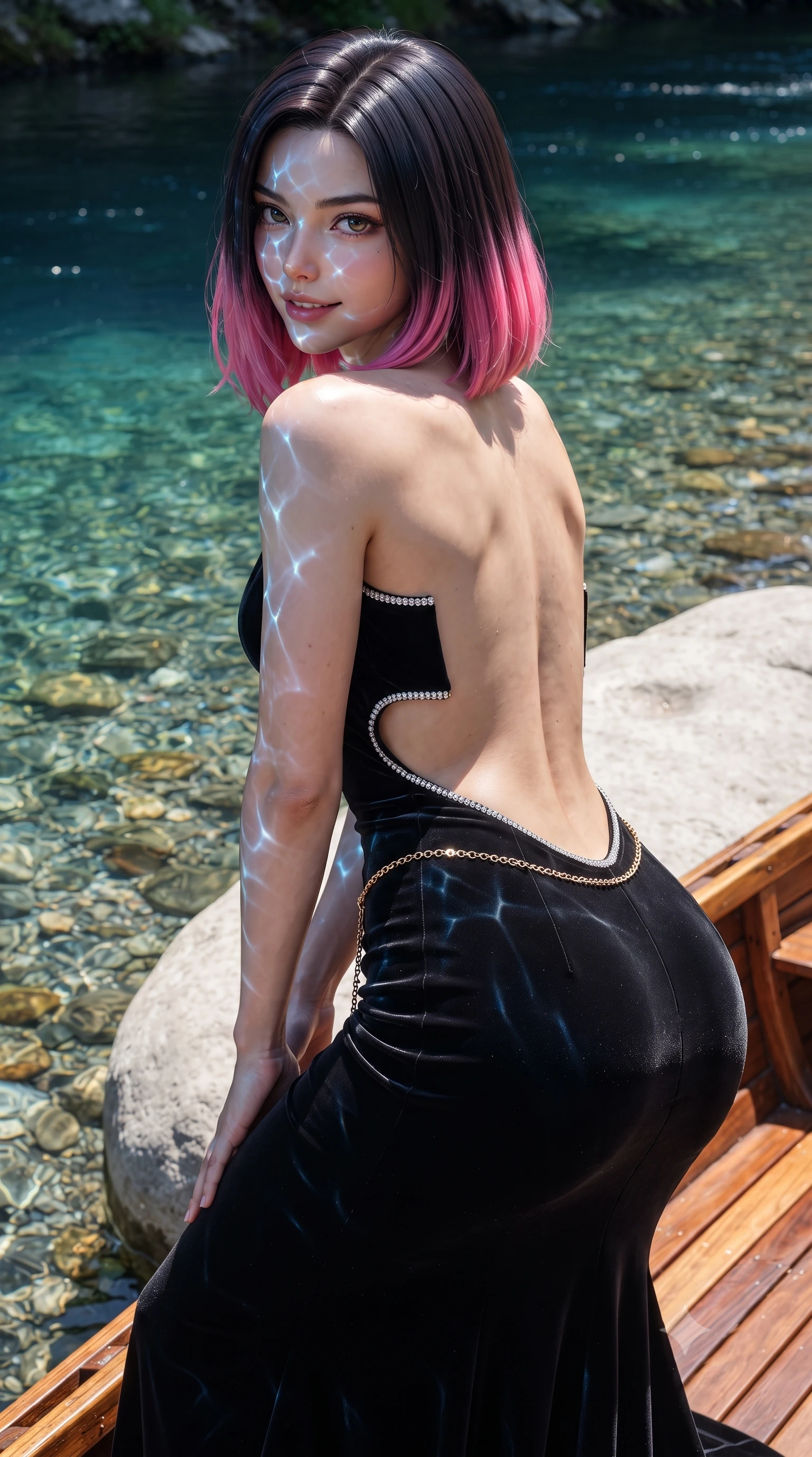 score_9, masterpiece, best quality, ultra-detailed, high-budget anime keyframe, editorial fashion photography, tasteful artistic composition, Korean woman. close-up cowboy shot from the waist and thighs up, the character dominates the composition, filling the frame with her large presence. turning over a bare shoulder with an intoxicating, teasing smile, her soft hair framing her sharp jawline as her hips angle gracefully while leaning back against the smooth limestone riverbank with hips cocked back, looking out over the translucent river with sun-kissed, teasing bedroom-eyes. The surrounding environment is rendered in vivid detail and crisp panoramic clarity. sharp wooden boat plank texture, clear riverbed pebbles visible through glass-clear water, and orchid petal veins in deep focus. She has an exceptionally elegant, slender, and willowy female figure with an ultra-slim waist, flat toned midriff, narrow ribcage, and sculpted feminine hips creating an alluring, slim hourglass silhouette without bulk. sharp v-shaped jawline, high-bridge nose, intricate jewel-like eyes with depth, thick eyelashes, glossy parted lips with a natural sheen, intensely captivating and seductive bedroom-eyes expression, flawlessly proportioned anatomical accuracy, strict slender model proportions, natural body alignment, perfectly sculpted long slender limbs, ultra-slim waistline, clean dynamic posture without body distortion. wearing a sculptured liquid-satin mermaid gown with an architectural open-waist cutout and bare spine in pitch-black velvet with diamond crystal trim, tailored from second-skin aerodynamic stretch vinyl with specular wet sheen, accented with a delicate gold chain belt resting loosely on her curvy hips, the dramatically scooped open back descending to the base of her spine, accentuating her razor-sharp statuesque lines and slim hourglass silhouette. illuminated by intense sapphire water surface caustics carving her razor-sharp jawline, narrow waist, and curvy hips. ultra-reflective glossy finish, specular highlights, rich textural contrasts, high-contrast stereoscopic depth, volumetric dynamic lighting, 2k, ultra detail, master piece, 9:16 ratio