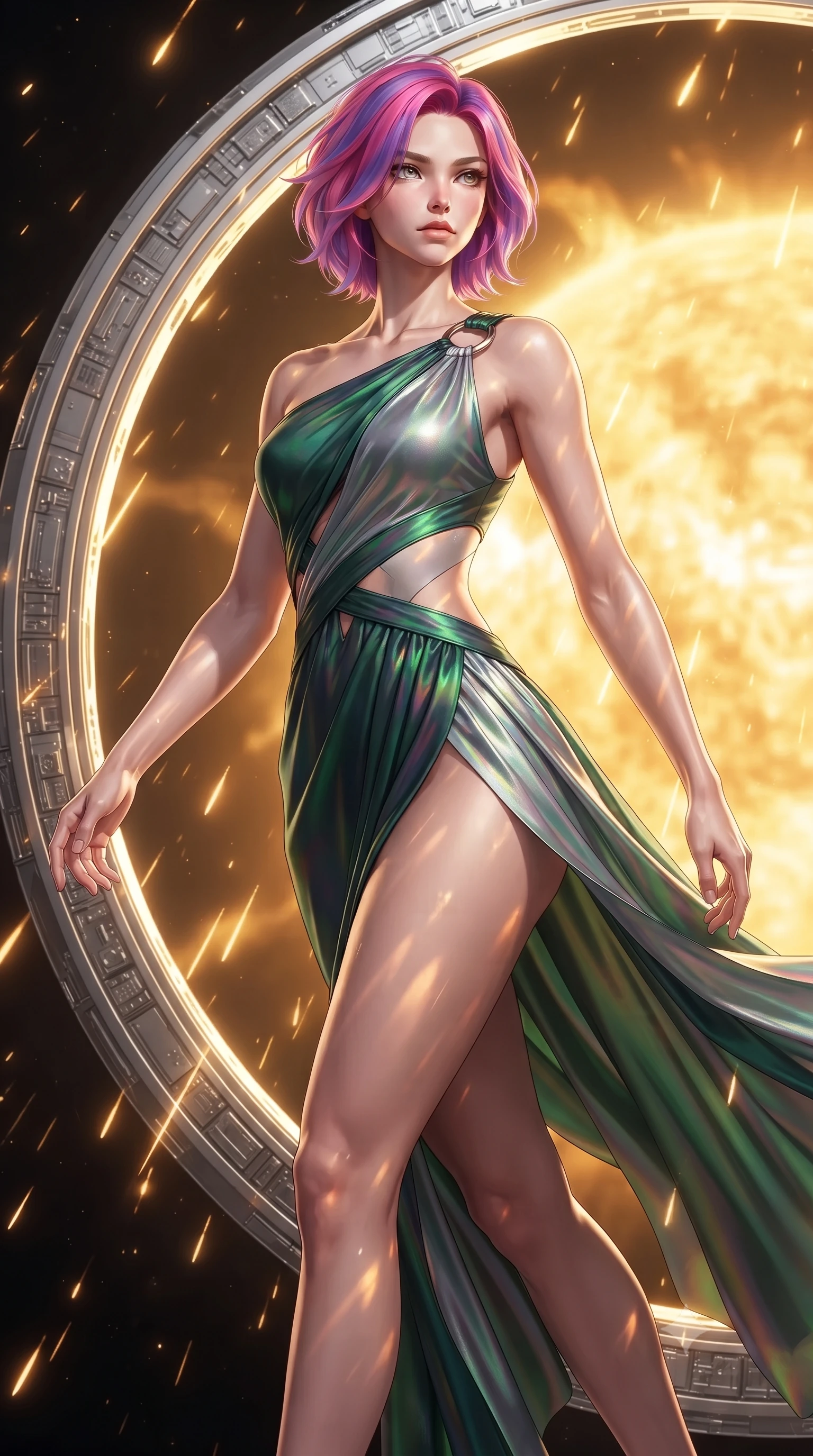 score_9, masterpiece, best quality, ultra-detailed, high-budget anime keyframe, editorial fashion photography, tasteful artistic composition, Caucasian woman. close-up cowboy shot from the waist and thighs up, the character dominates the composition, filling the frame with her large presence, background elements kept in soft focus. Gazing past the lens with composed intensity as her torso curves dynamically in mid-motion while stepping forward with a proud statuesque stride along a platinum ring suspended over a sun core, blazing solar flare sparks falling like a golden shower around her statuesque figure. She has an exceptionally elegant, slender, and willowy female figure with an ultra-slim waist, a gracefully sculpted slender torso, and a refined silhouette. sharp v-shaped jawline, high-bridge nose, intricate jewel-like eyes with depth, thick eyelashes, glossy lips with a natural sheen, flawlessly proportioned anatomical accuracy, natural body alignment, perfectly sculpted elegant limbs, clean dynamic posture without body distortion. wearing an asymmetrical Grecian draped chiffon gown with a metallic shoulder ring in deep emerald green and silver accent, crafted from iridescent chiffon that shifts colors in the light, featuring subtle geometric cutouts that highlight her ultra-slim midriff, the form-contouring material highlighting her ultra-slim waist and long lines. illuminated by a majestic golden key light casting sharp dynamic shadow grids. ultra-reflective glossy finish, specular highlights, metallic sheen, high-contrast stereoscopic depth, volumetric dynamic lighting, 2k, ultra detail, master piece, 9:16 ratio