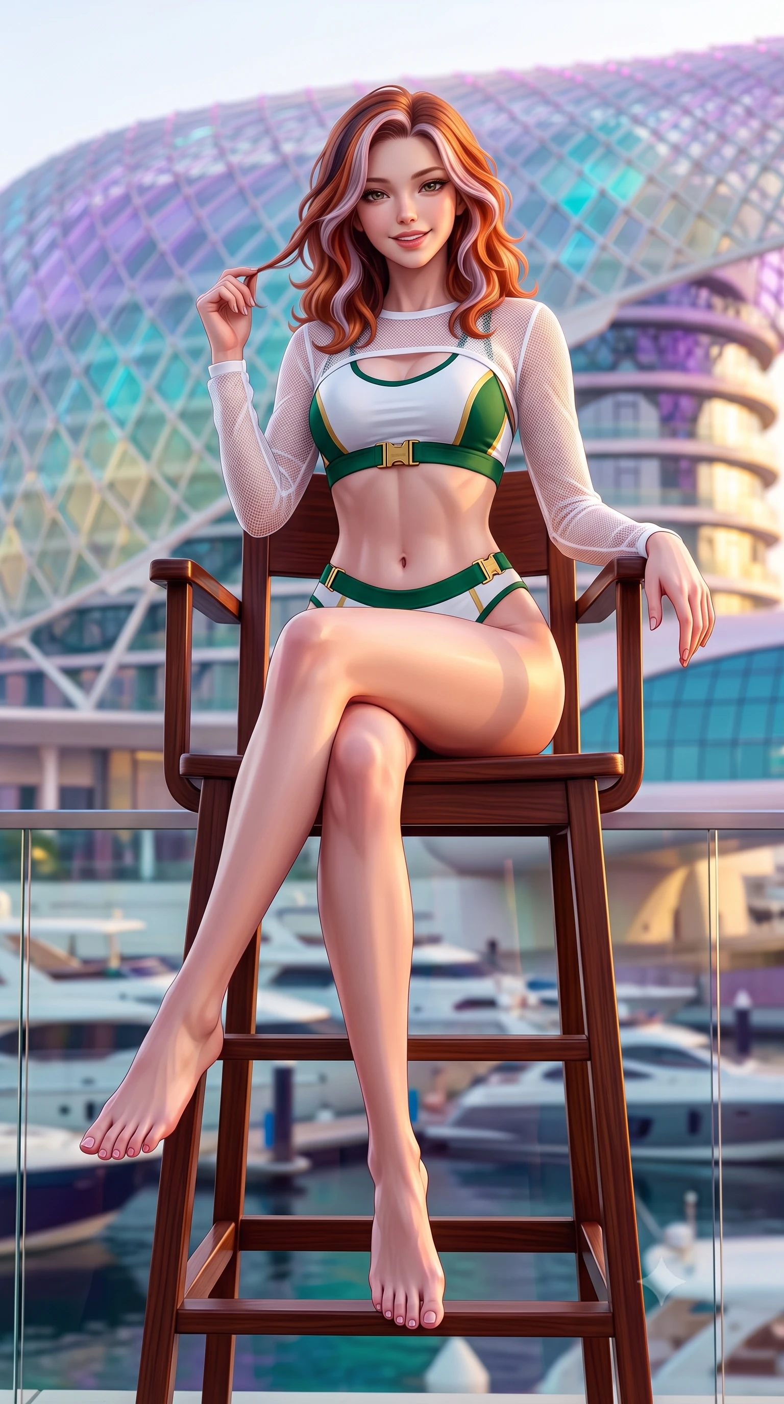 score_9, masterpiece, best quality, ultra-detailed, high-budget anime keyframe, semi-realistic 3D game render, editorial fashion photography, tasteful artistic composition, Caucasian woman. low angle full-body shot from head to toe showing her feet, filling the entire 9:16 vertical frame with her statuesque presence, stretching her vertical silhouette. sitting perched on the elevated umpire chair with legs crossed and hips angled toward the camera, displaying her toned midriff and long slender limbs with joyful, coquettish charm while standing poised on the glass-walled VIP rooftop terrace as the sun sets over the futuristic illuminated grid shell hotel, arching her back with majesty. The background shows a soft-focus the colossal flowing LED grid shell of the Yas Hotel shifting in violet, cyan, and gold and luxury yachts in the marina blurred into vibrant bokeh. She has an absolutely perfect, statuesque 8.5-heads proportion, an exceptionally tall and slender model-like female figure with impossibly long slender legs, an ultra-slim waist, a flat toned midriff, narrow delicate ribcage, and beautifully sculpted feminine hips creating a graceful, slim hourglass silhouette without any bulky heaviness. sharp v-shaped jawline, high-bridge nose, sparkling eyes with athletic focus and depth, thick curled eyelashes, glossy parted lips with a natural coral-peach sheen, bright confident and coquettish smile with alluring bedroom-eyes, exuding both youthful sporty vigor and sovereign high-society glamour, flawlessly proportioned anatomical accuracy, strict slender model proportions, natural body alignment, perfectly sculpted long slender limbs, ultra-slim waistline, clean dynamic posture without body distortion. wearing a sheer athletic mesh long-sleeve crop top layered over an opaque racing bralette and high-cut tennis briefs in crisp Wimbledon white and British racing green with gold accents, made of second-skin technical compression piqué knit with moisture-wicking stretch, finished with polished chrome zipper pulls and racing harness buckle hardware, the liquid-tight tailored fabric clinging flawlessly to her narrow waist and rounded feminine hips, emphasizing every millimeter of her sculpted slim hourglass curves without any bulky heaviness. bathed in dramatic desert sunset golden hour twilight combined with vibrant LED canopy color washes. highly saturated vibrant anime colors, detailed shading with soft gradients, rich glossy textures, high-contrast stereoscopic depth, volumetric dynamic lighting, master piece, 9:16 ratio