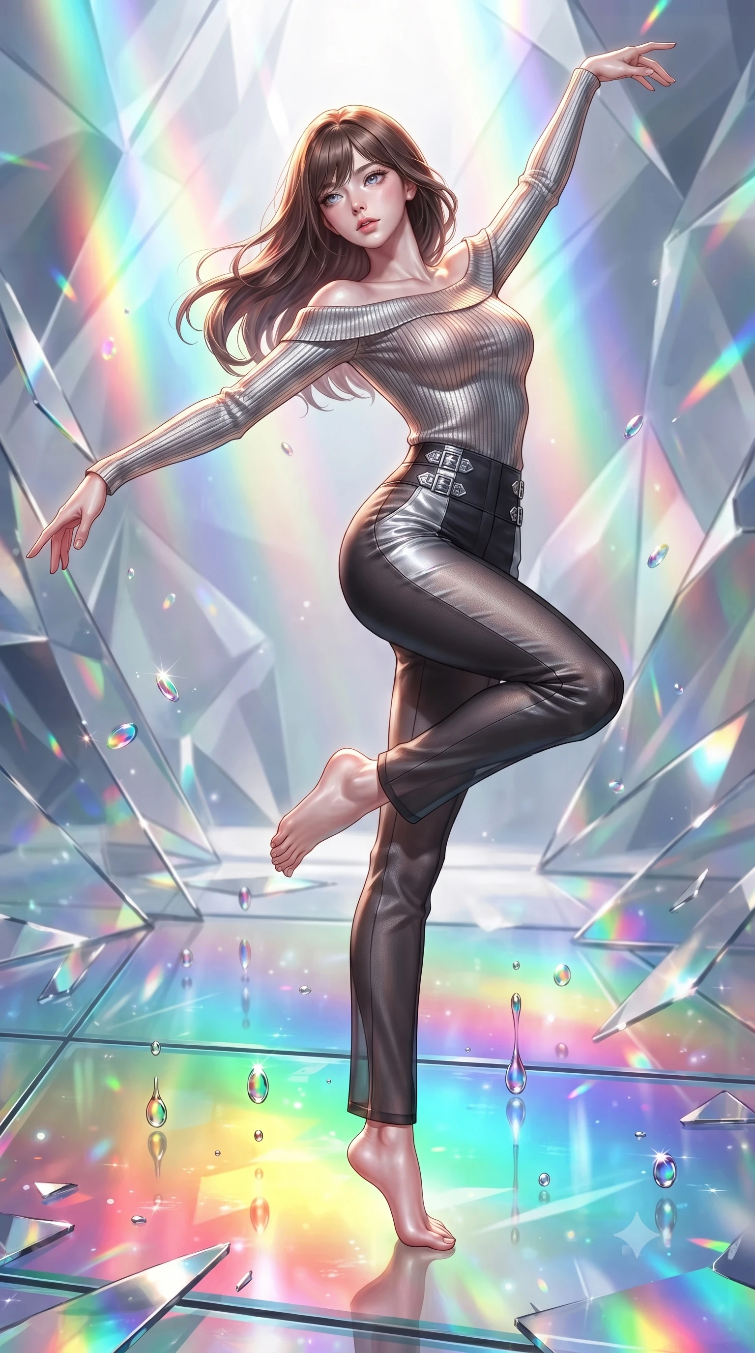score_9, masterpiece, best quality, ultra-detailed, high-budget anime keyframe, editorial fashion photography, tasteful artistic composition, Korean woman. low angle full-body shot from head to toe showing her feet, filling the entire 9:16 vertical frame with her statuesque presence, stretching her vertical silhouette. performing an athletic mid-air rotation with flawless poise, her vertical silhouette beautifully stretched while pivoting gracefully on a glass floor drenched in vibrant multi-color light reflections, vibrant paint droplets frozen in time casting specular highlights. She has an absolutely perfect, statuesque 8.5-heads proportion, an exceptionally tall and slender model-like female figure with impossibly long slender legs and an ultra-slim waist. sharp v-shaped jawline, high-bridge nose, intricate jewel-like eyes with depth, thick eyelashes, glossy lips with a natural sheen, flawlessly proportioned anatomical accuracy, natural body alignment, perfectly sculpted elegant limbs, clean dynamic posture without body distortion. wearing a sleek off-shoulder ribbed knit top paired with high-waist tailored pants in matte black and polished silver, woven from fine semi-opaque sheer organza, detailed with polished silver buckles along the waistline, the form-contouring material highlighting her ultra-slim waist and long lines. bathed in brilliant multi-color rainbow light refracting through mirror fragments. ultra-reflective glossy finish, specular highlights, metallic sheen, high-contrast stereoscopic depth, volumetric dynamic lighting, 2k, ultra detail, master piece, 9:16 ratio