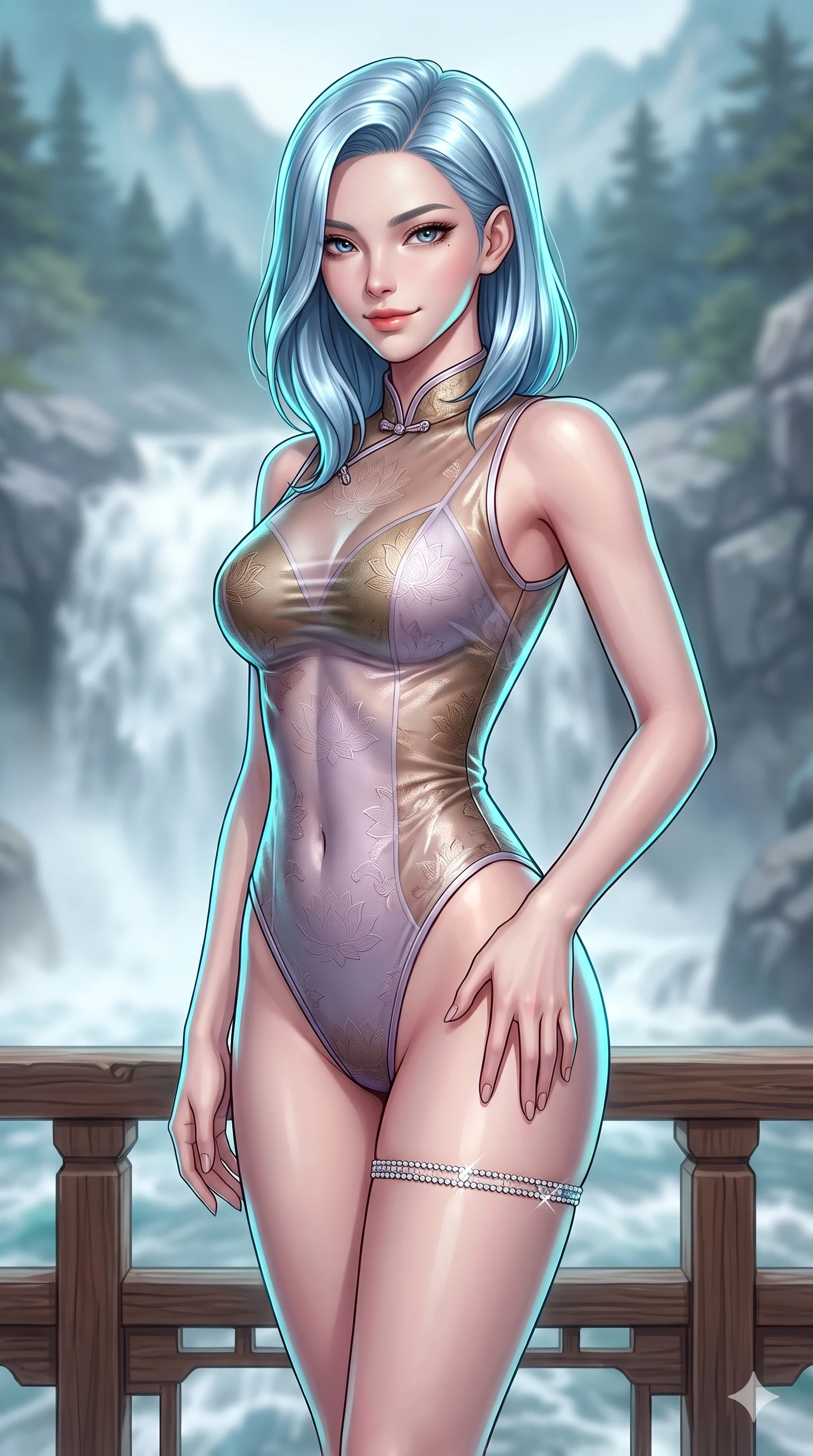 score_9, masterpiece, best quality, ultra-detailed, high-budget anime keyframe, semi-realistic 3D game render, editorial fashion photography, tasteful artistic composition, Korean woman. close-up cowboy shot from the waist and thighs up, the character dominates the composition, filling the frame with her large presence. tilting her head with a teasing half-smile, running one hand slowly down the side of her hip in a flirtatious S-curve as ambient light caresses her silhouette while standing poised on the tea arbor terrace over the churning waterfall pool, arching her back with breathless siren grace. The background shows a soft-focus churning white waterfall cascades, misty granite gorges, and distant mountain pine peaks blurred into aquamarine, silver, and slate bokeh. She has an exceptionally elegant, slender, and willowy female figure with an ultra-slim waist, flat toned midriff, narrow ribcage, and sculpted feminine hips creating an alluring, slim hourglass silhouette without bulk. sharp v-shaped jawline, high-bridge nose, sparkling eyes with hypnotic seductive depth, thick curled eyelashes, glossy parted lips with a natural dewy peach sheen, alluring bedroom-eyes with an enchanting coquettish smile, exuding magnetic siren charisma and sophisticated glamour, flawlessly proportioned anatomical accuracy, strict slender model proportions, natural body alignment, perfectly sculpted long slender limbs, ultra-slim waistline, clean dynamic posture without body distortion. wearing a delicate semi-translucent wet-look mesh hanbok bodysuit clinging sheerly to her sculpted torso and hip curves in vintage bronze patina and pale wisteria lilac, tailored from rich silk jacquard with subtle embossed lotus blossom patterns, accented with a delicate crystal-encrusted thigh garter strap glinting under the lights, the bespoke structured tailoring following the natural line of her 8.5-heads silhouette with refined elegance. illuminated by waterfall foam bounce and sharp cyan-aquamarine rim lights sculpting her razor-sharp jawline, narrow waist, and curvy hips. highly saturated vibrant anime colors, detailed shading with soft gradients, rich glossy textures, high-contrast stereoscopic depth, volumetric dynamic lighting, master piece, 9:16 ratio