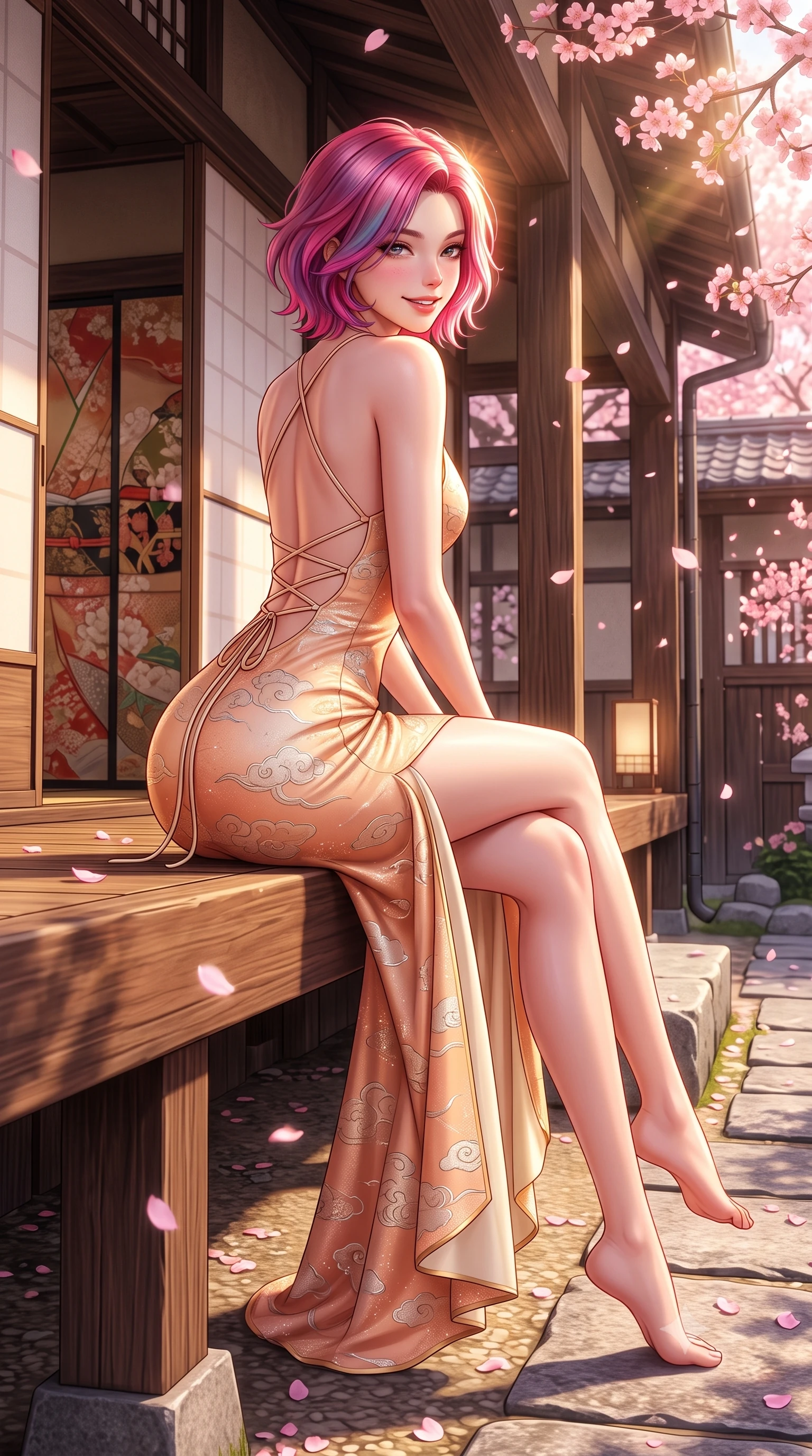 score_9, masterpiece, best quality, ultra-detailed, high-budget anime keyframe, semi-realistic 3D game render, editorial fashion photography, tasteful artistic composition, Caucasian woman. low angle full-body shot from head to toe showing her feet, filling the entire 9:16 vertical frame with her statuesque presence, stretching her vertical silhouette. sitting perched on the elevated pavilion terrace edge with legs crossed and hips angled toward the camera, displaying her toned midriff and long slender limbs with joyful, coquettish charm while sitting perched on the wooden veranda of a historic Yanaka machiya house, arching her lower back with a radiant, teasing smile as sakura petals flutter. The surrounding environment is rendered in vivid detail and crisp panoramic clarity: detailed silk kimono weave, spring sunburst highlights on hair, and traditional Yanaka architecture in razor-sharp precision. She has an absolutely perfect, statuesque 8.5-heads proportion, an exceptionally tall and slender model-like female figure with impossibly long slender legs, an ultra-slim waist, a flat toned midriff, narrow delicate ribcage, and beautifully sculpted feminine hips creating a graceful, slim hourglass silhouette without any bulky heaviness. sharp v-shaped jawline, high-bridge nose, intricate jewel-like dark sparkling almond eyes with depth, thick lashes, glossy parted lips with a natural rose-plum sheen, bright alluring and coquettish smile with bedroom-eyes, exuding both timeless oriental elegance and sovereign high-fashion allure, flawlessly proportioned anatomical accuracy, strict slender model proportions, natural body alignment, perfectly sculpted long slender limbs, ultra-slim waistline, clean dynamic posture without body distortion. wearing a backless lace-up silk sundress with traditional cloud embroidery and an ultra-fitted hip-hugging silhouette in warm peach apricot and soft vanilla silk, woven from metallic gold and silver thread casting subtle starlight glints, finished with criss-cross back satin laces tracing her slender spine, the form-fitting tailored bodice adhering flawlessly to her sculpted flat midriff and slender torso, emphasizing her long leg lines and perfectly proportioned willowy build. bathed in warm, soft spring afternoon sunlight filtering through pink blossom branches. highly saturated vibrant anime colors, detailed shading with soft gradients, rich glossy textures, high-contrast stereoscopic depth, volumetric dynamic lighting, master piece, 9:16 ratio