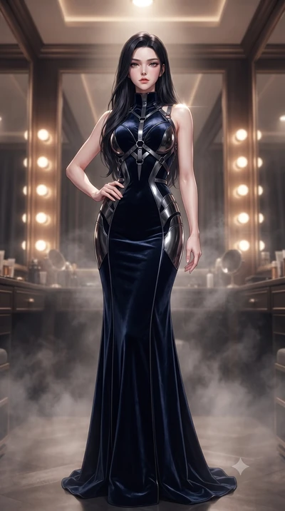 score_9, masterpiece, best quality, ultra-detailed, high-budget anime keyframe, editorial fashion photography, tasteful artistic composition, Korean woman. low angle full-body shot from head to toe showing her feet, filling the entire 9:16 vertical f
