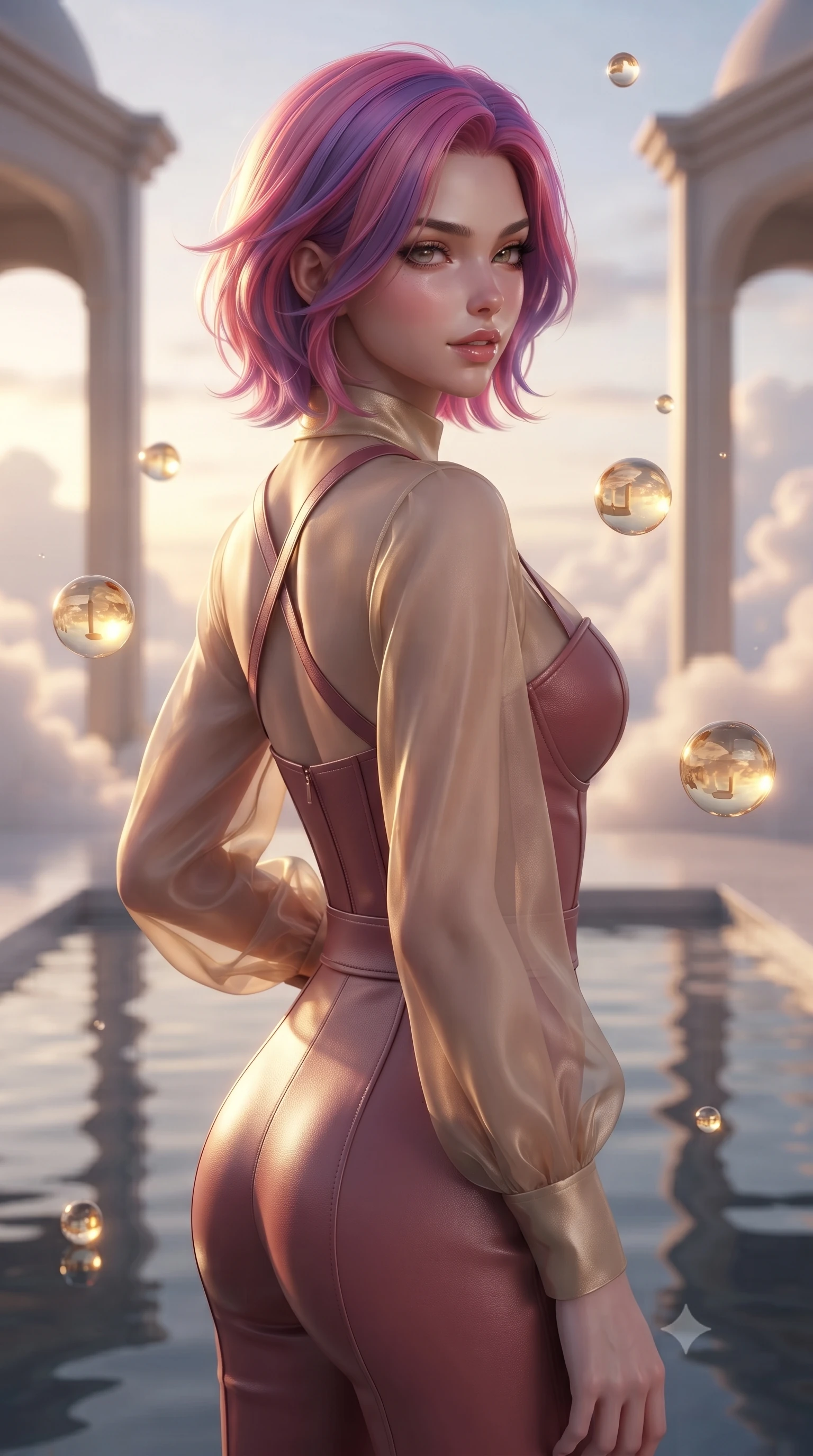 score_9, masterpiece, best quality, ultra-detailed, high-budget anime keyframe, editorial fashion photography, tasteful artistic composition, Caucasian woman. close-up cowboy shot from the waist and thighs up, the character dominates the composition, filling the frame with her large presence, background elements kept in soft focus. Glancing sidelong over her shoulder with a smoldering half-smile and heavy lashes interacting with floating golden water Orbs in a cloudtop palace court, still pool waters reflecting her slender silhouette and the open sky. She has an exceptionally elegant, slender, and willowy female figure with an ultra-slim waist, a gracefully sculpted slender torso, and a refined silhouette. sharp v-shaped jawline, high-bridge nose, intricate jewel-like eyes with depth, thick eyelashes, glossy lips with a natural sheen. wearing a tailored leather bustier over a sheer silk chiffon blouse in dusty rose and champagne gold, formed from sleek second-skin neoprene, complemented by criss-cross back straps highlighting her bare shoulders, the tailored fabric tightly following every curve of her athletic build. illuminated by soft glowing sunset radiance with dramatic golden rim highlights. ultra-reflective glossy finish, specular highlights, metallic sheen, high-contrast stereoscopic depth, volumetric dynamic lighting, 2k, ultra detail, master piece, 9:16 ratio