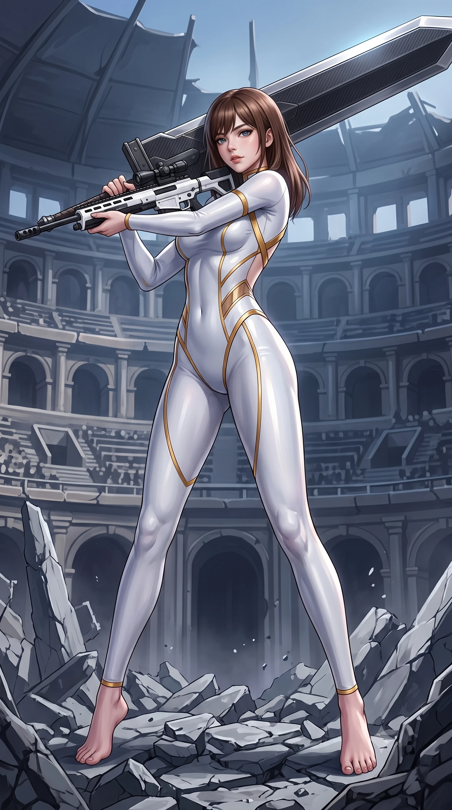 score_9, masterpiece, best quality, ultra-detailed, high-budget anime keyframe, semi-realistic 3D game render, editorial fashion photography, tasteful artistic composition, Korean woman. low angle full-body shot from head to toe showing her feet, filling the entire 9:16 vertical frame with her statuesque presence, stretching her vertical silhouette. arching her spine in a fluid zero-gravity combat turn with sovereign grace, her long slender legs and sculpted torso creating a sweeping line of power while standing victorious on the shattered rubble of a cybernetic colosseum arena with a massive carbon greatsword resting on her shoulder. The surrounding environment is rendered in vivid detail and crisp panoramic clarity. dramatic warrior chiaroscuro and monumental ruined arena architecture rendered in panoramic precision. She has an absolutely perfect, statuesque 8.5-heads proportion, an exceptionally tall and slender model-like female figure with impossibly long slender legs, a toned flat midriff, and an ultra-slim waist. sharp v-shaped jawline, high-bridge nose, intricate jewel-like eyes with depth, thick eyelashes, glossy lips with a natural sheen, flawlessly proportioned anatomical accuracy, strict slender model proportions, natural body alignment, perfectly sculpted long slender limbs, ultra-slim waistline, clean dynamic posture without body distortion. wearing a form-contouring arctic white carbon-composite battle-suit with solar gold trim and diagonal midriff vents, aiming a precision carbon-fiber railgun sniper rifle with divine focus in monochrome white enamel carbon with high-contrast black panels, made of liquid carbon-jersey fabric adhering flawlessly to her sculpted silhouette, complemented by criss-cross back harness straps highlighting her completely bare spine, the liquid-tight tailored fabric emphasizing every curve of her tall, slender model proportions and sculptured silhouette during dynamic movement. surrounded by an invincible, royal, and fiercely captivating cyber-gladiator empress aura. rich saturated anime colors with glowing neon highlights, detailed shading with soft gradients, rich glossy textures, high-contrast stereoscopic depth, volumetric dynamic lighting, master piece, 9:16 ratio
