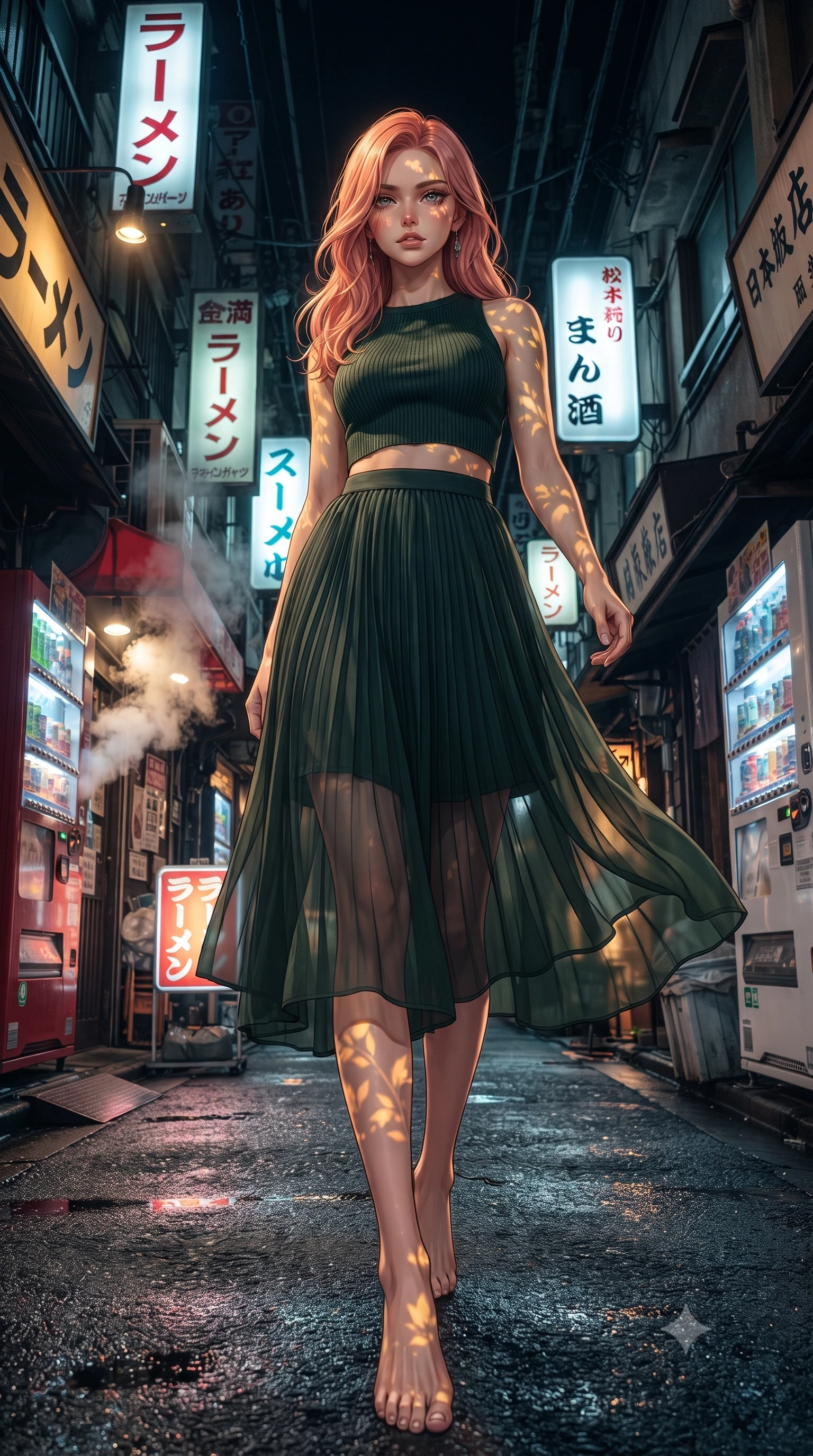 score_9, masterpiece, best quality, ultra-detailed, high-budget anime keyframe, editorial fashion photography, tasteful artistic composition, Japanese woman. low angle full-body shot from head to toe showing her feet, filling the entire 9:16 vertical frame with her statuesque presence, stretching her vertical silhouette. navigating with fluid motion through a narrow atmospheric Tokyo alley at night densely packed with glowing signs in Japanese katakana steam rising from ramen shops vending machines casting colored pools of light on wet asphalt. She has a statuesque 8.5-heads proportion, an exceptionally tall, slender and willowy model-like build with impossibly long legs and a highly sculpted ultra-slim waist. sharp v-shaped jawline, high-bridge nose, intricate jewel-like eyes with depth, thick eyelashes, glossy lips with a natural sheen. wearing a high-neck ribbed crop top in forest green, paired with a midi skirt featuring a sheer chiffon overlay revealing her legs. warm golden afternoon sunbeams casting soft organic leaf shadows across her skin. 2k, ultra detail, master piece, 9:16 ratio