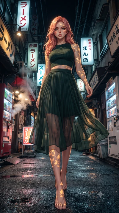 score_9, masterpiece, best quality, ultra-detailed, high-budget anime keyframe, editorial fashion photography, tasteful artistic composition, Japanese woman. low angle full-body shot from head to toe showing her feet, filling the entire 9:16 vertical