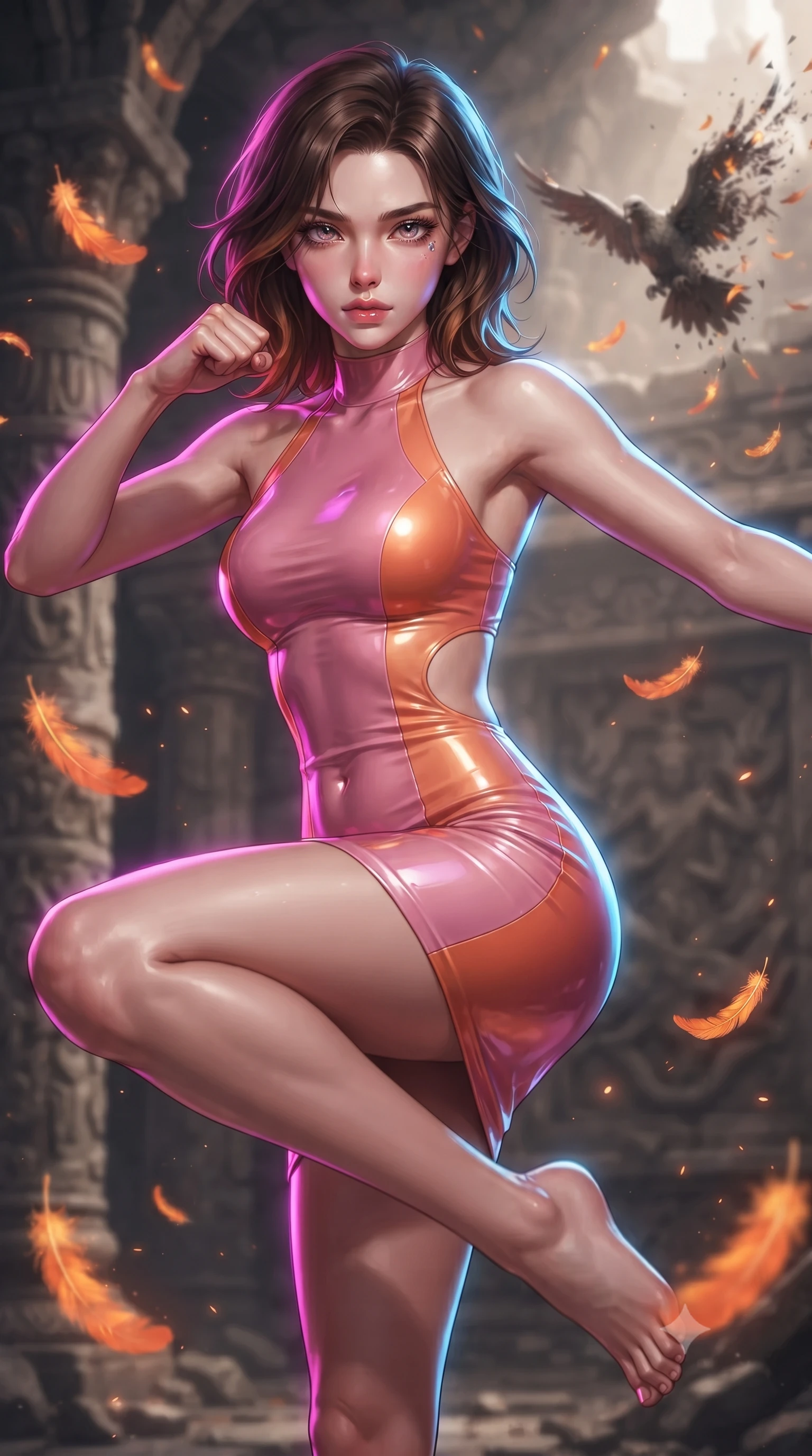 score_9, masterpiece, best quality, ultra-detailed, high-budget anime keyframe, editorial fashion photography, tasteful artistic composition, realistic cosplay photography, Korean woman. close-up cowboy shot from the waist and thighs up, the character dominates the composition, filling the frame with her large presence, background elements kept in soft focus. Leaping into the camera's view with an aggressive, mid-action strike pose. set against a soft-focus background of a stone sanctuary filled with burning orange feathers that float in the air, a stone statue of a bird crumbling. She has an exceptionally elegant and slender, willowy female figure with an ultra-slim waist, a gracefully sculpted slender torso, and a refined slim physique. sharp v-shaped jawline, high-bridge nose, intricate jewel-like eyes with depth, thick eyelashes, glossy lips with a natural sheen. wearing tailored for maximum mobility, sleek form-contouring panels that allow fluid movement, a body-hugging latex-effect bodycon dress in a pink and orange color-block, featuring side torso cutouts and a halter neckline. brilliant cinematic volumetric lighting with intense neon rim light outlining her form. ultra-reflective glossy finish, specular highlights, metallic sheen, high-contrast stereoscopic depth, volumetric dynamic lighting, 2k, ultra detail, master piece, 9:16 ratio