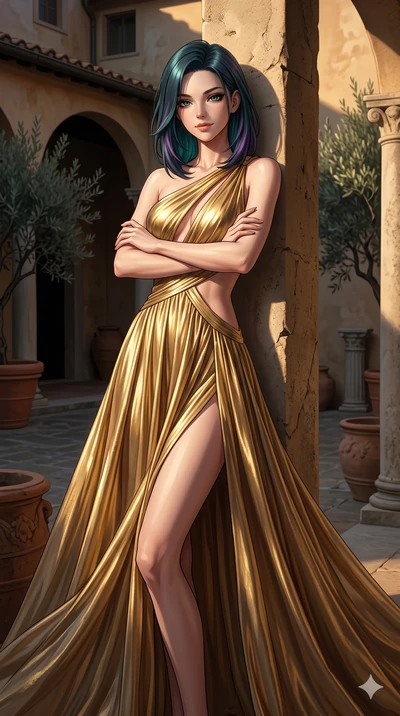 score_9, masterpiece, best quality, ultra-detailed, high-budget anime keyframe, editorial fashion photography, tasteful artistic composition, Caucasian woman, strictly human ears. cowboy shot from the thighs up, character and outfit filling the frame