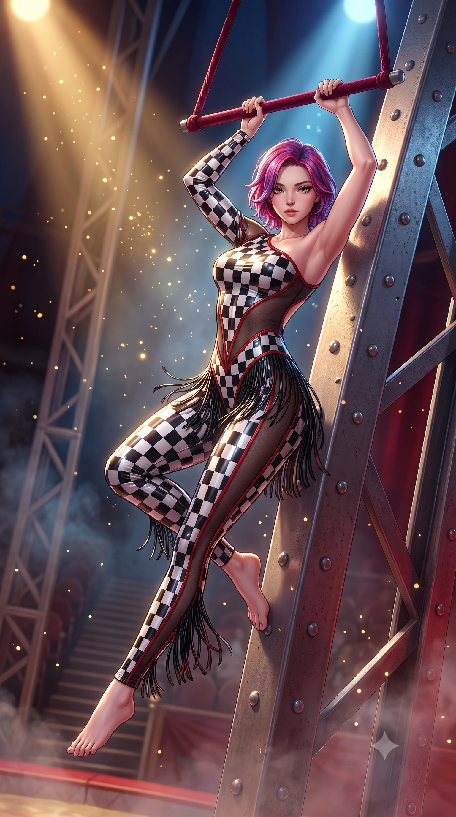 score_9, masterpiece, best quality, ultra-detailed, high-budget anime keyframe, semi-realistic 3D game render, editorial fashion photography, tasteful artistic composition, Caucasian woman. low angle full-body shot from head to toe showing her feet, filling the entire 9:16 vertical frame with her statuesque presence, stretching her vertical silhouette. leaning deep against the structural architecture with hips cocked in an unapologetically bold, seductive high-fashion stance while hanging suspended from an aerial velvet trapeze bar, arching her spine in a breathtaking dancer line with one leg extended as spotlights trace her curvy hips. The composition keeps background elements in soft focus with creamy bokeh. drifting stage haze and floating glitter particles catching spotlight rays across the arena. She has an absolutely perfect, statuesque 8.5-heads proportion, an exceptionally tall and slender model-like female figure with impossibly long slender legs, a toned flat midriff, an ultra-slim waist, and beautifully sculpted feminine hips. sharp v-shaped jawline, high-bridge nose, intricate jewel-like eyes with depth, thick eyelashes, glossy parted lips with a natural sheen, intensely captivating and seductive bedroom-eyes expression, flawlessly proportioned anatomical accuracy, strict slender model proportions, natural body alignment, perfectly sculpted long slender limbs, ultra-slim waistline, clean dynamic posture without body distortion. wearing an asymmetric one-shoulder carnival catsuit with sheer contouring mesh panels and sequin striping in high-contrast black and crisp white checkerboard with red accents, tailored from second-skin aerodynamic stretch vinyl with specular sheen, finished with tiered silk fringe tassels that flutter with every hip movement, the precision-cut side openings and low-back scoop framing her graceful spine and the sensual sweep of her hips. illuminated by crisp directional rim lighting sharply carving her razor-sharp jawline, narrow waist, and curvy hips. highly saturated vibrant anime colors, detailed shading with soft gradients, rich glossy textures, high-contrast stereoscopic depth, volumetric dynamic lighting, master piece, 9:16 ratio